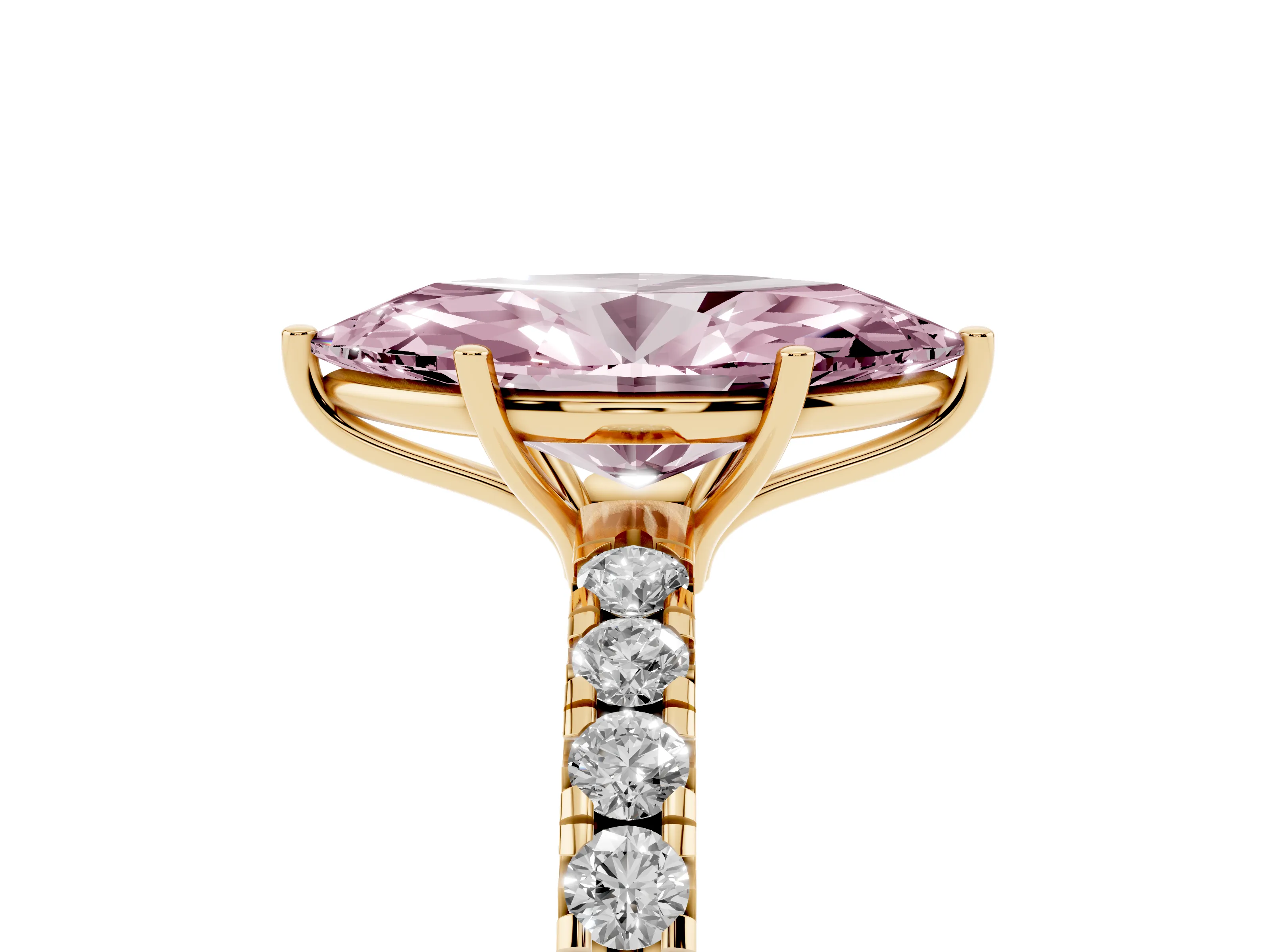Fancy Pink Marquise Cut Diamond Pavé Solitaire Engagement Ring Set in Yellow gold with Prong Setting