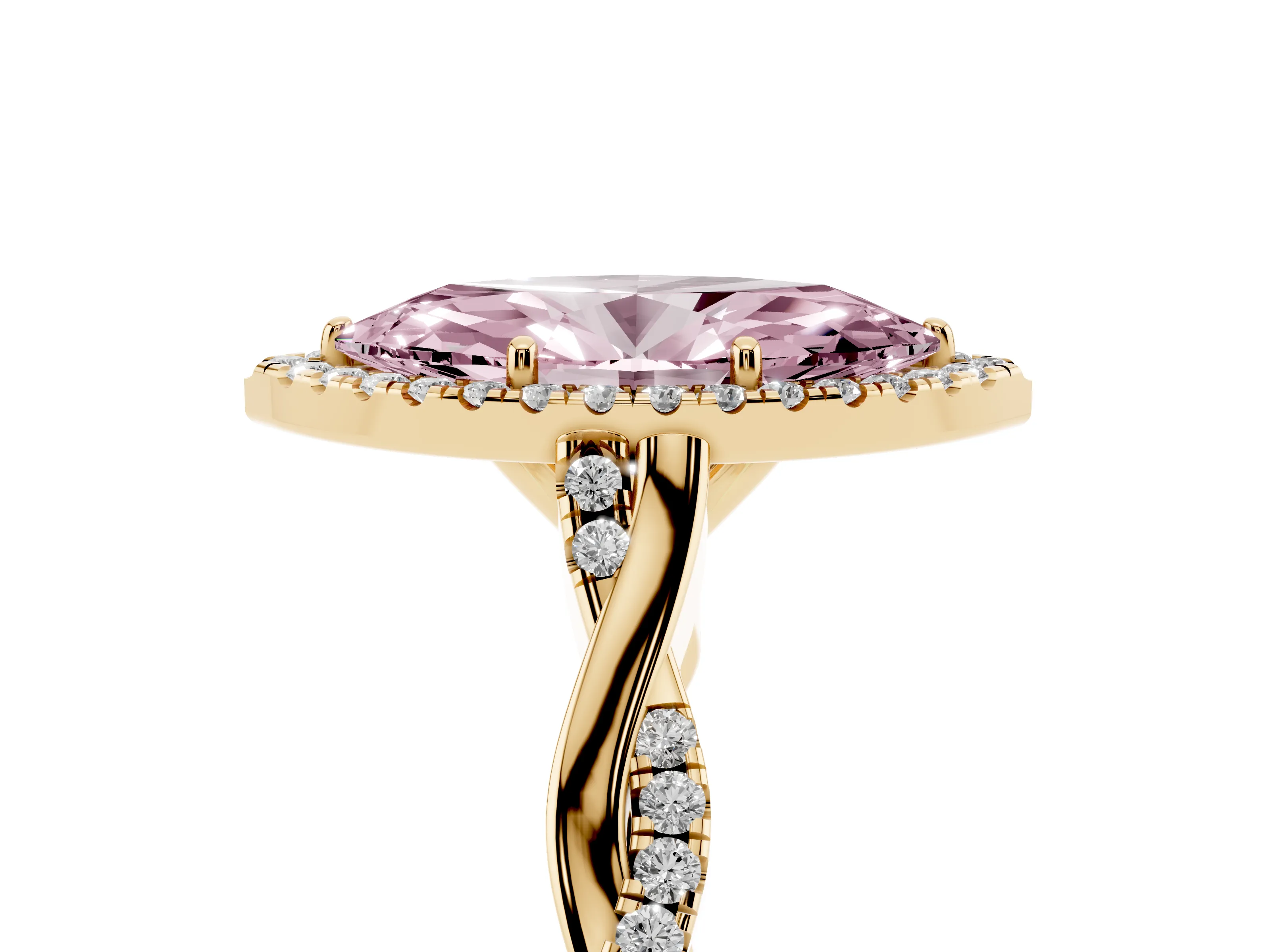 Fancy Pink Marquise Cut Diamond Halo Twist Band Solitaire Ring Set in Yellow gold with Prong Setting