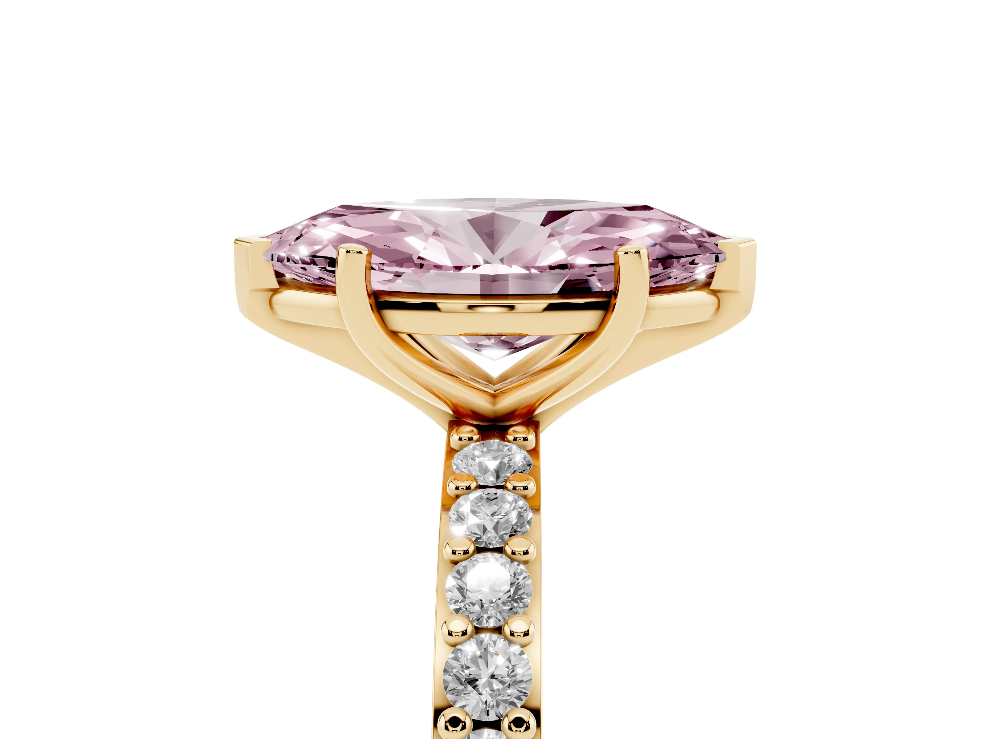 Fancy Pink Marquise Cut Diamond Solitaire Set in Yellow gold with Round Pavé Band and Prong Setting