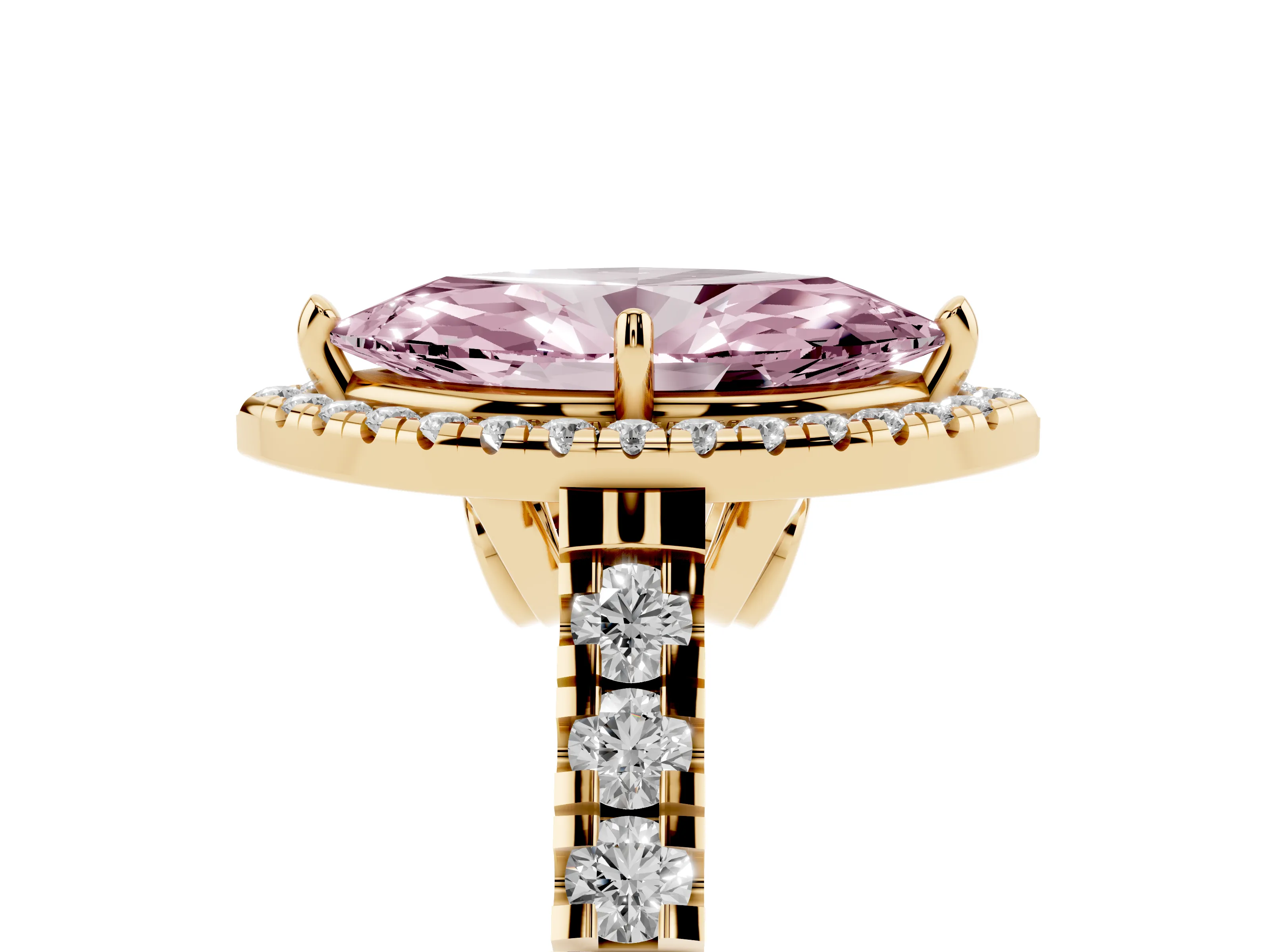 Fancy Pink Marquise Cut Diamond Halo Engagement Ring Set in Yellow gold with Pavé Band and Prong-Set Center
