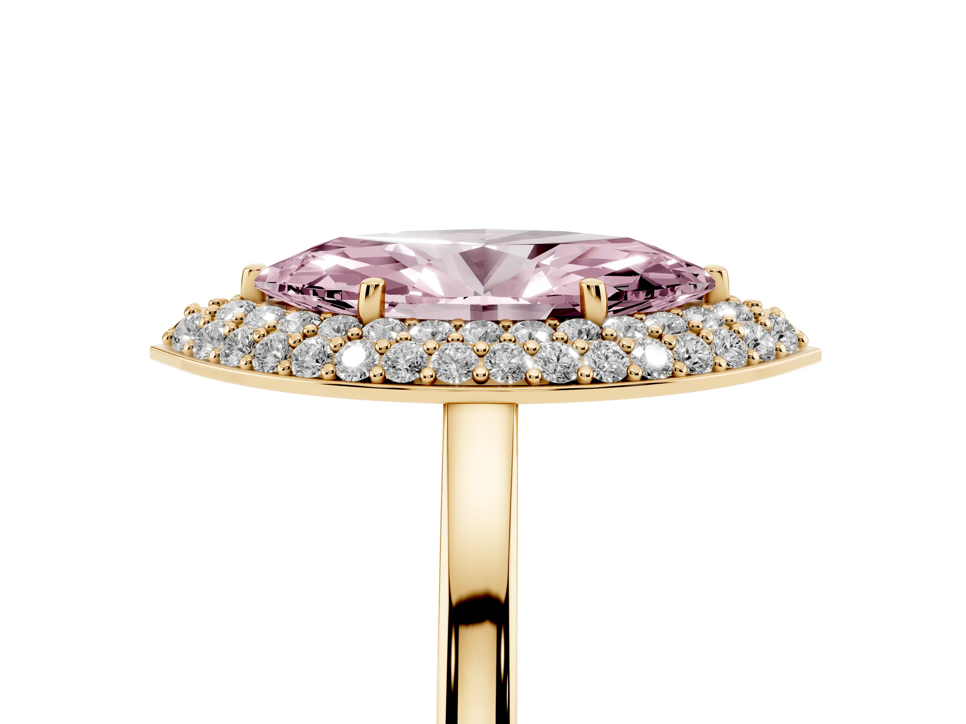 Fancy Pink Marquise Cut Diamond Halo Engagement Ring Set in Yellow gold with Solitaire Band and Prong Setting