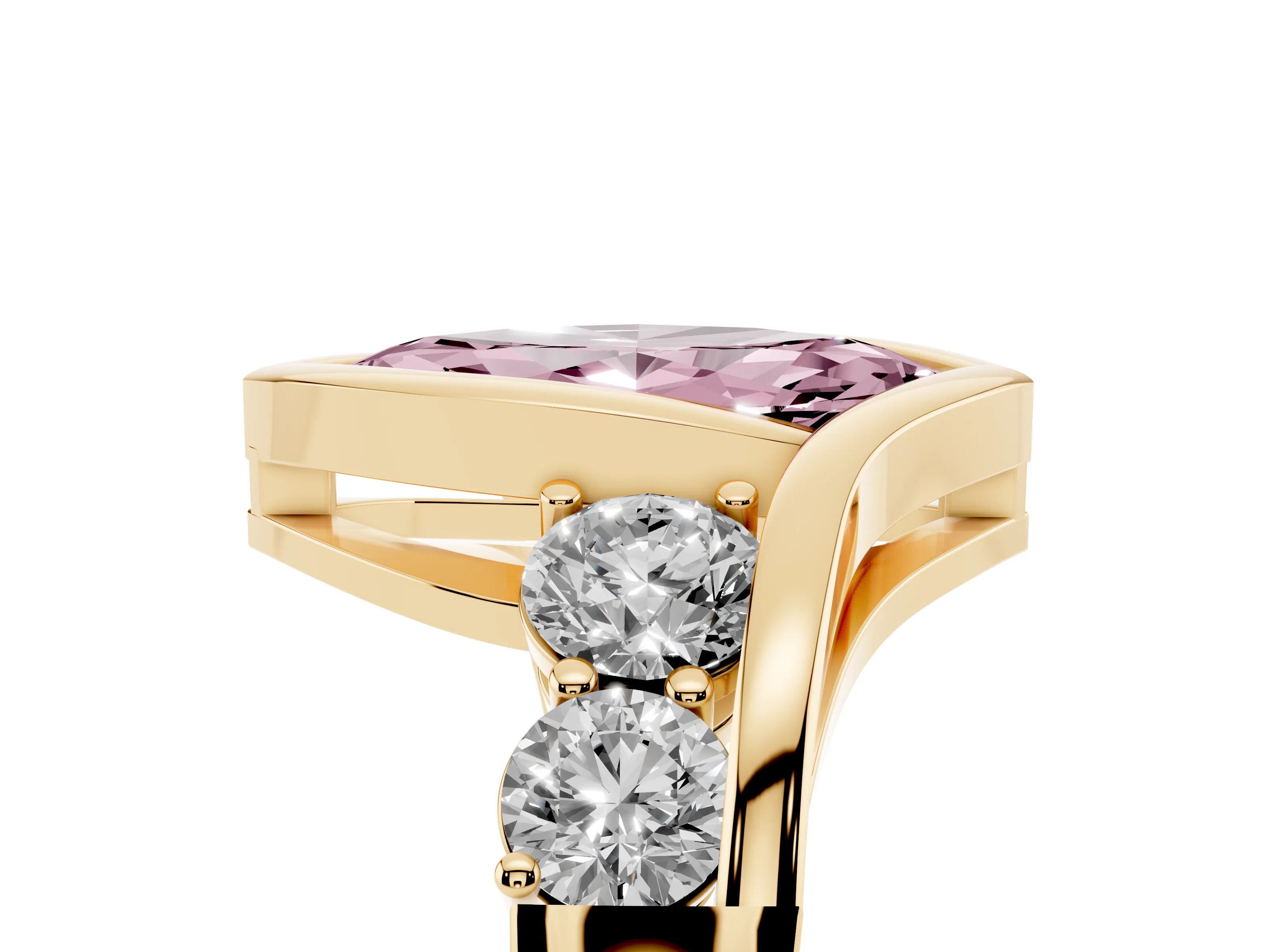 Fancy Pink Marquise Cut Diamond Bezel Bypass Ring Set in Yellow gold with Round Accents