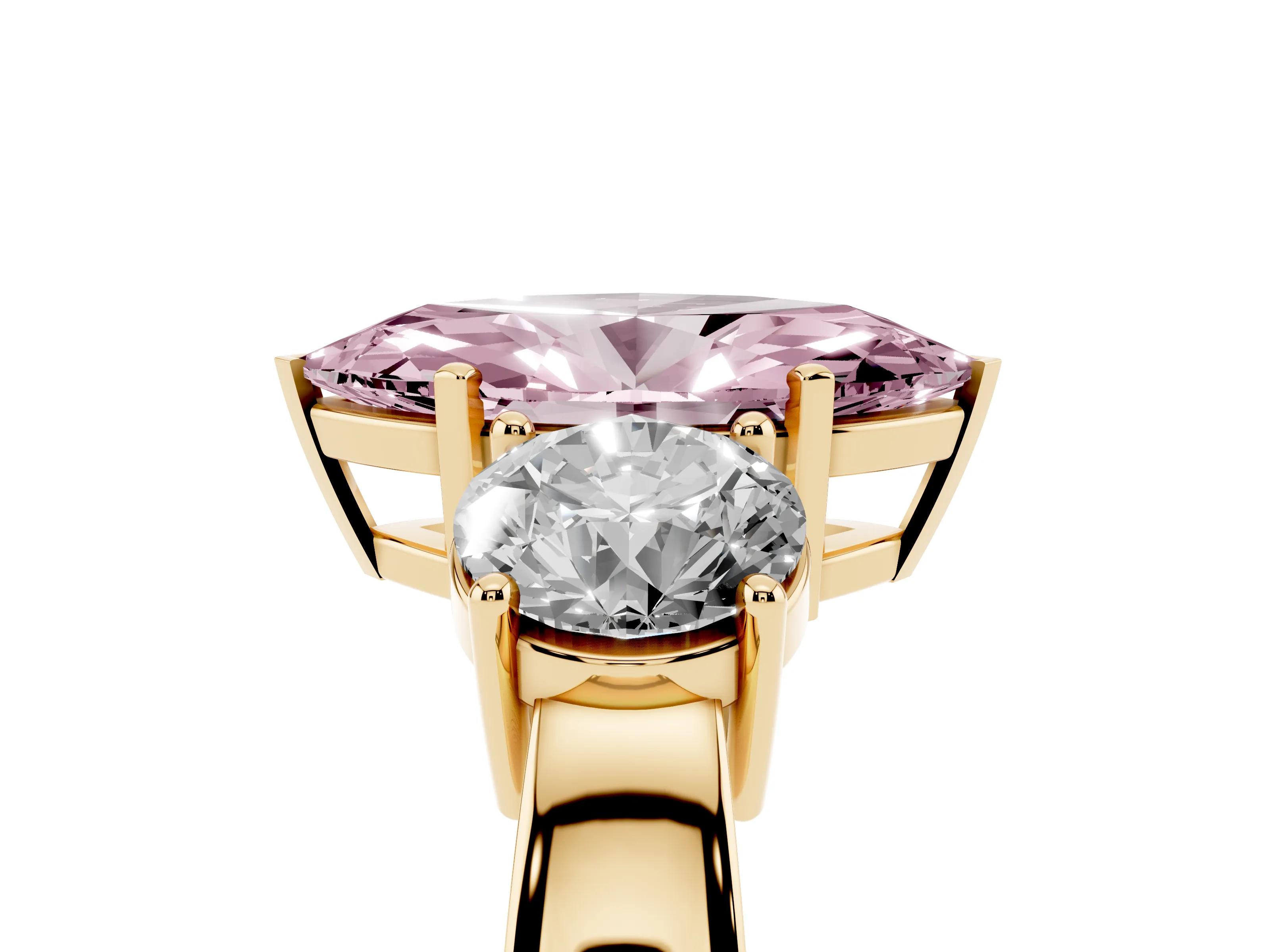 Fancy Pink Marquise Cut Diamond Three-Stone Ring Set in Yellow gold with Round Side Stones and Classic Band
