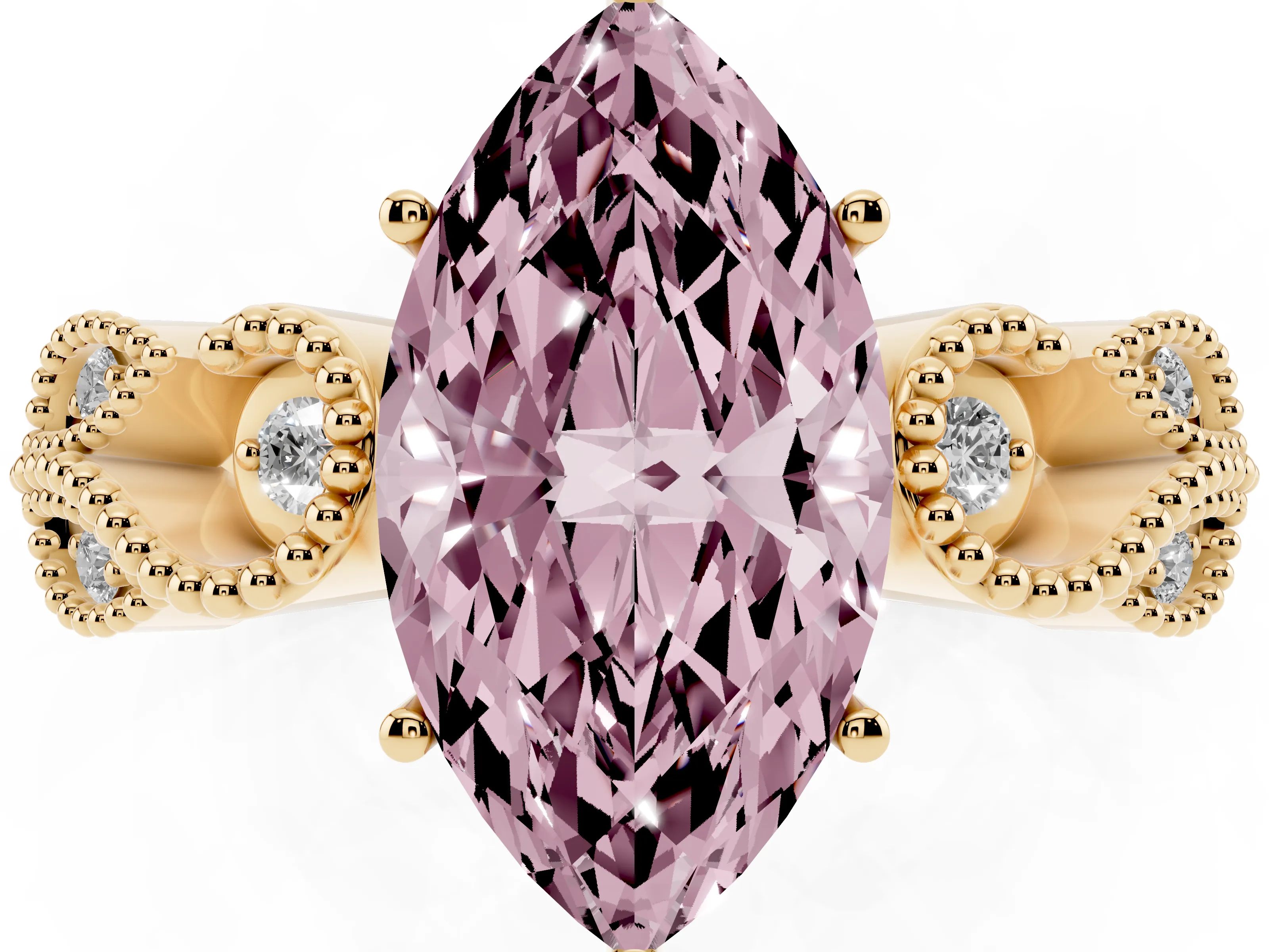 Fancy Pink Marquise Cut Diamond Milgrain Leaf Band Solitaire Ring Set in Yellow gold with Accent Stones and Prong Setting