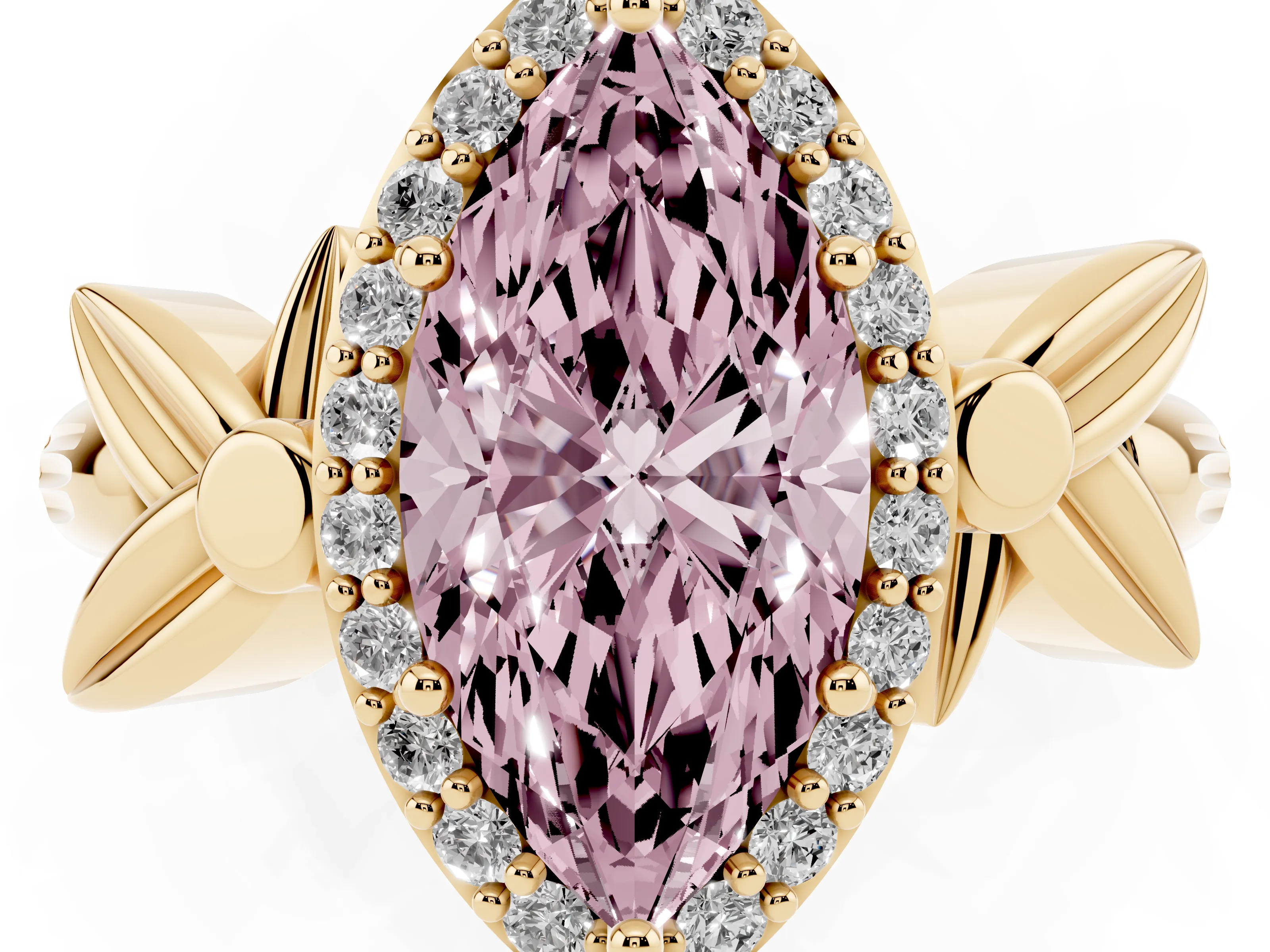 Fancy Pink Marquise Cut Diamond Halo Floral Band Ring Set in Yellow gold with Prong Setting