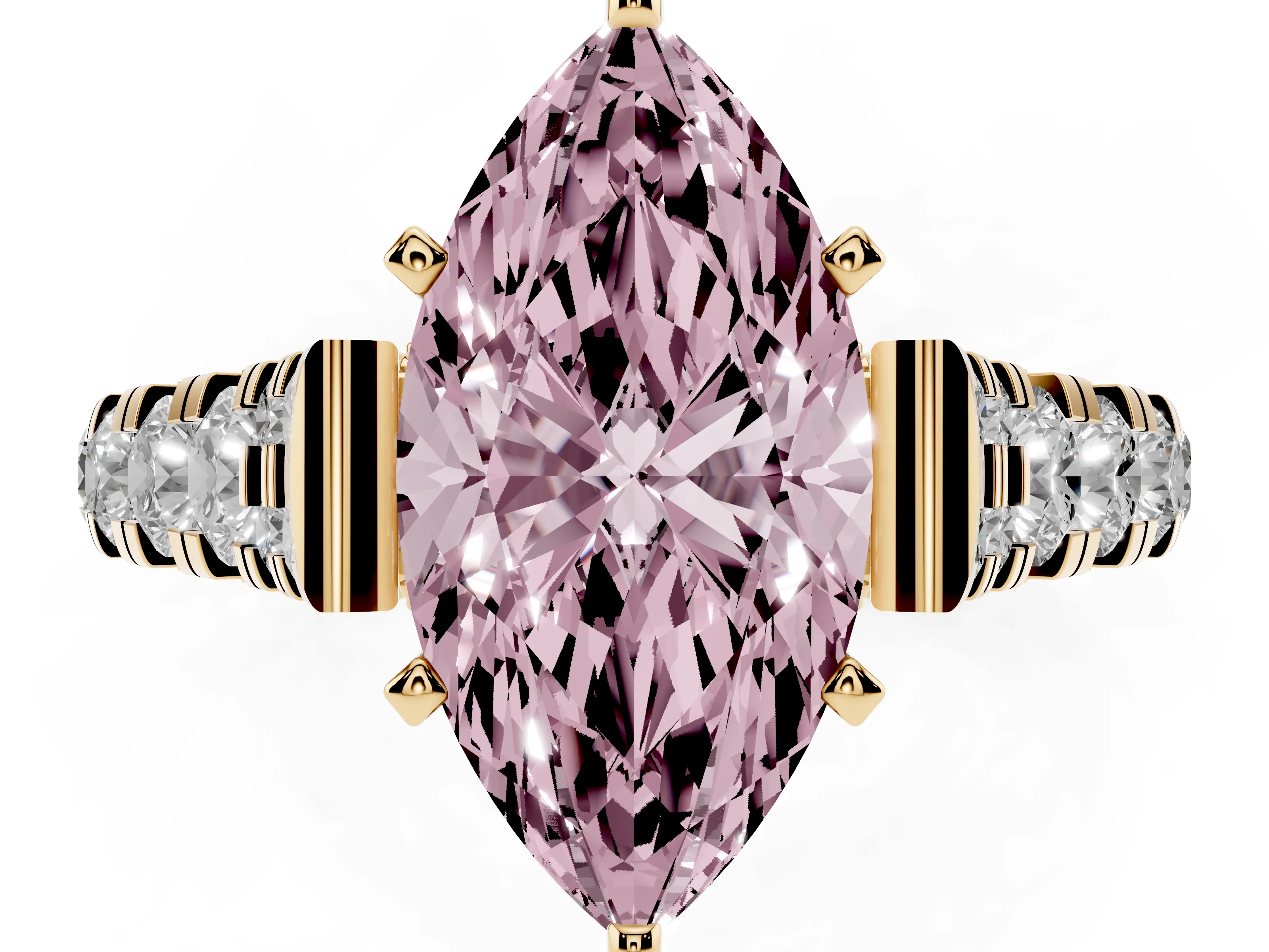Fancy Pink Marquise Cut Diamond Classic Solitaire Ring Set in Yellow gold with Pavé Band and Prong Setting