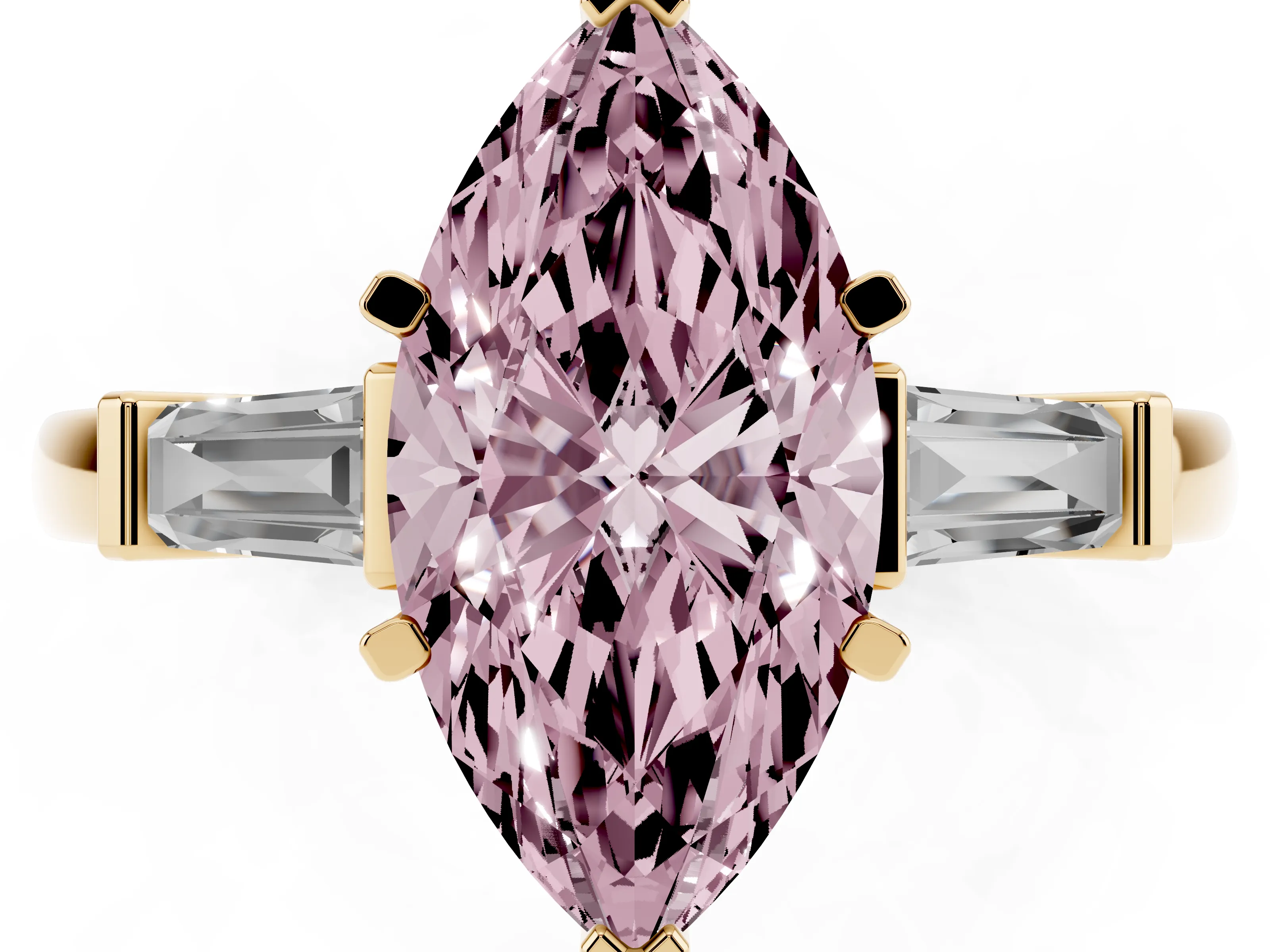Fancy Pink Marquise Cut Diamond Solitaire Ring Set in Yellow gold with Tapered Baguette Accents and Prong Setting
