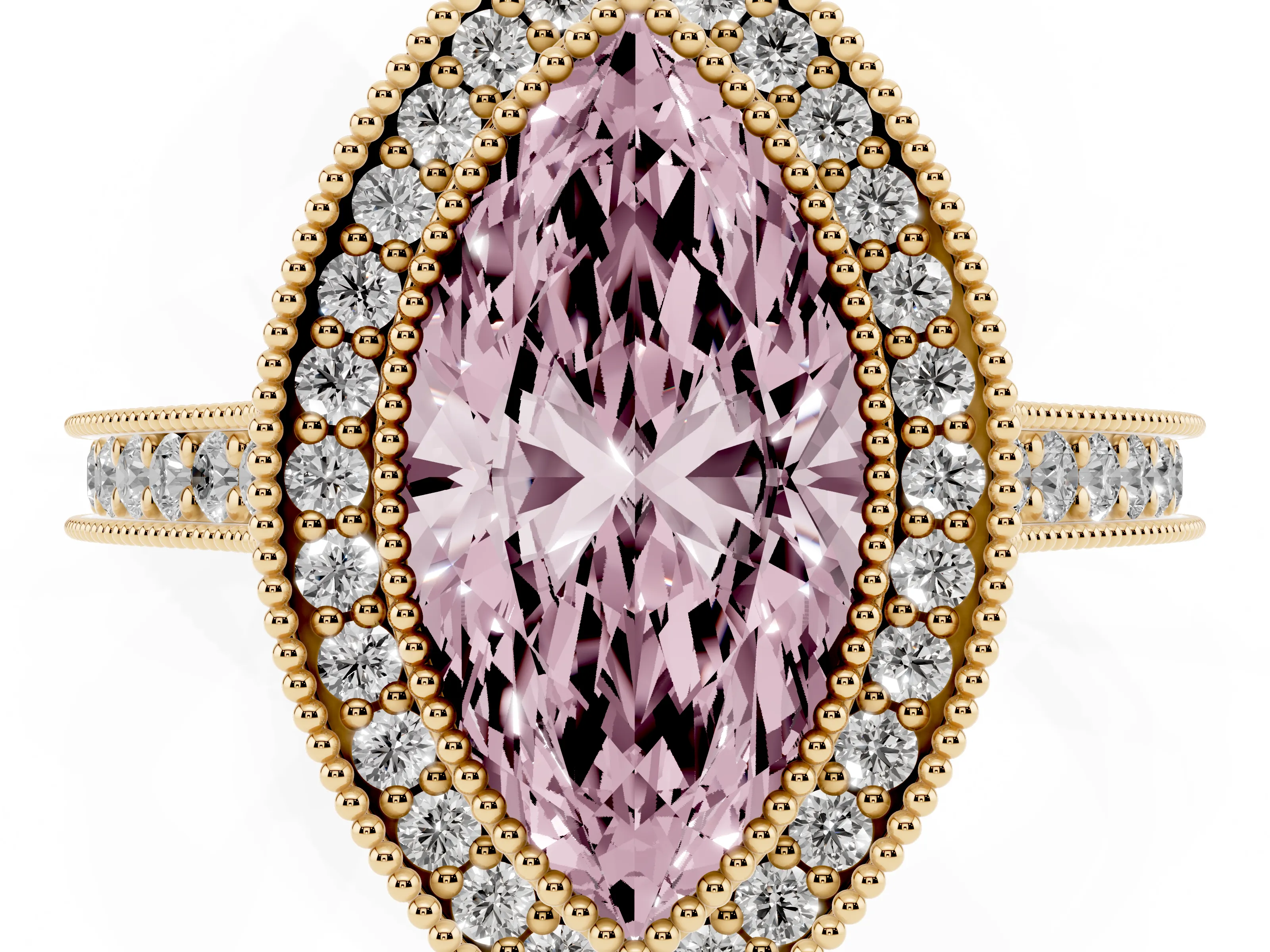Fancy Pink Marquise Cut Diamond Halo Milgrain Pavé Band Ring Set in Yellow gold with Prong Setting