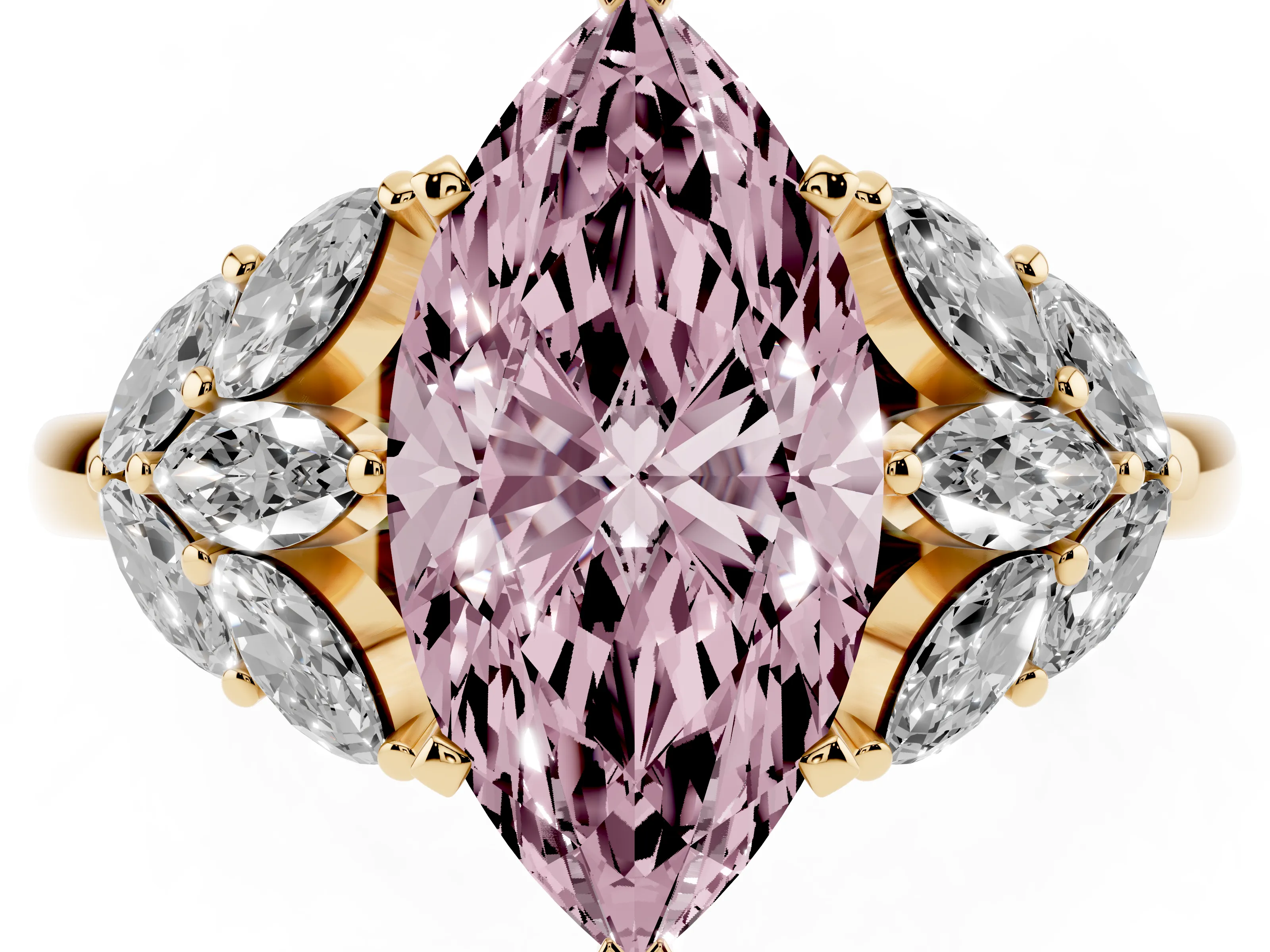 Fancy Pink Marquise Cut Diamond Cluster Leaf Design Ring Set in Yellow gold with Prong Setting