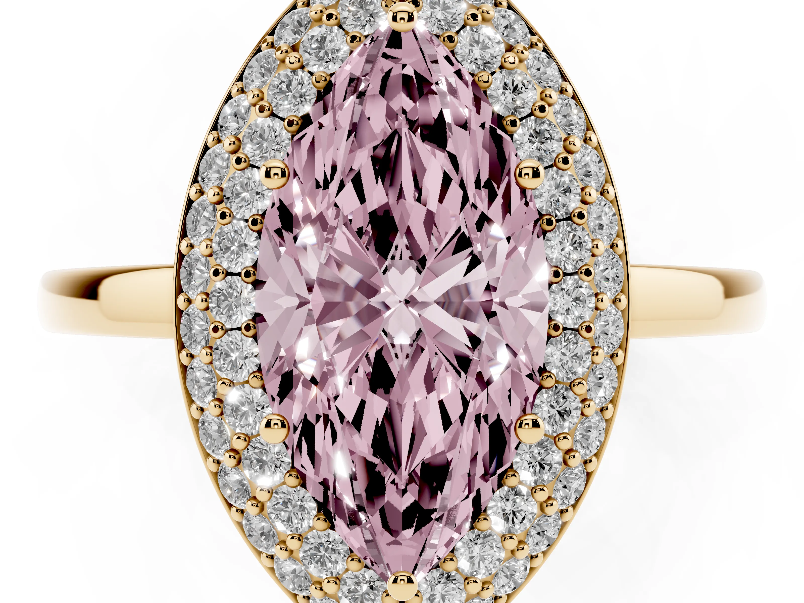 Fancy Pink Marquise Cut Diamond Halo Engagement Ring Set in Yellow gold with Solitaire Band and Prong Setting