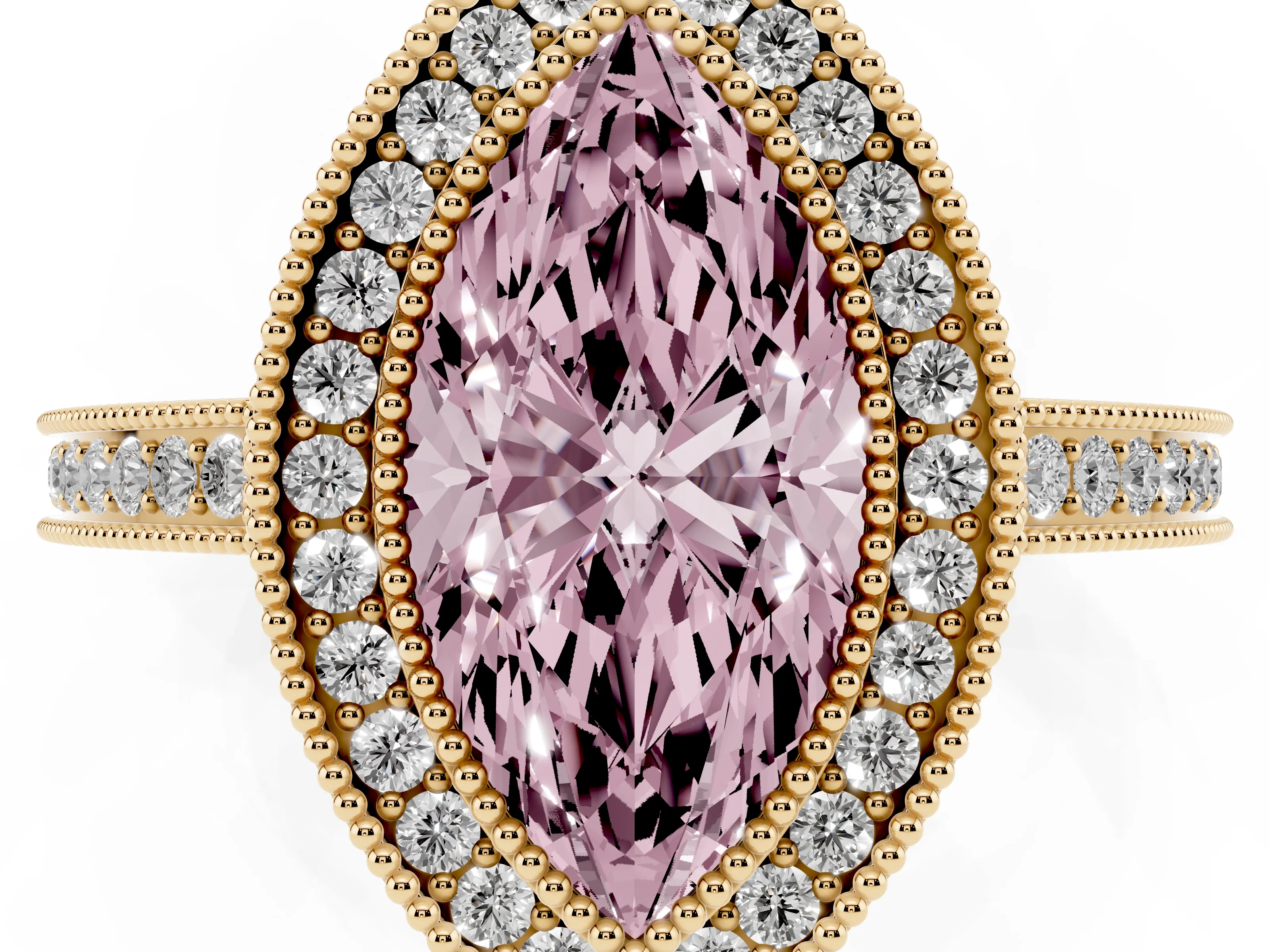 Fancy Pink Marquise Cut Diamond Halo Ring Set in Yellow gold with Pavé Band and Milgrain-Edged Prongs