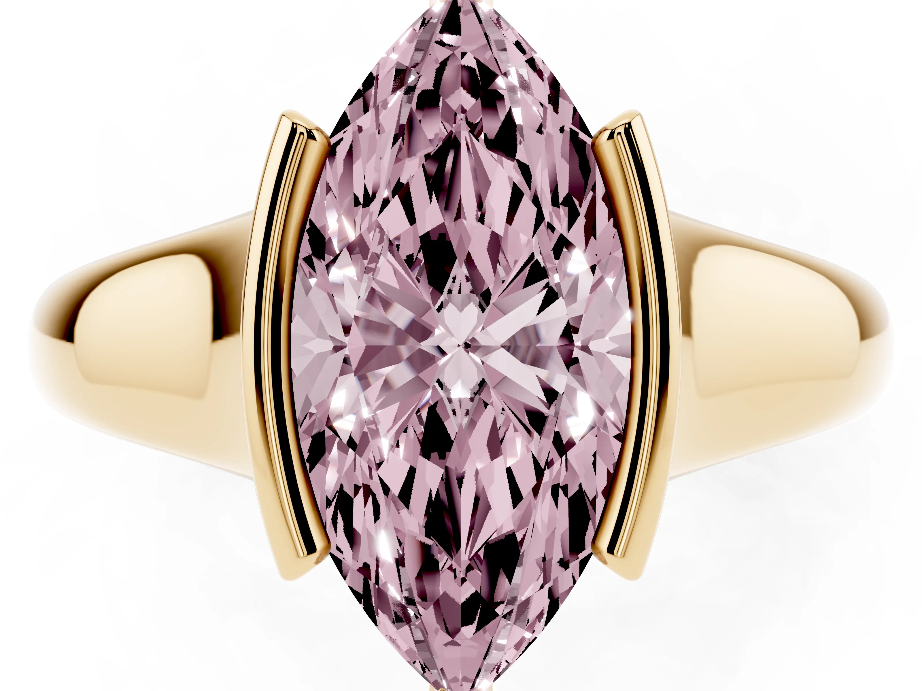 Fancy Pink Marquise Cut Diamond Solitaire Tension Set Ring Set in Yellow gold with Split Shank Band