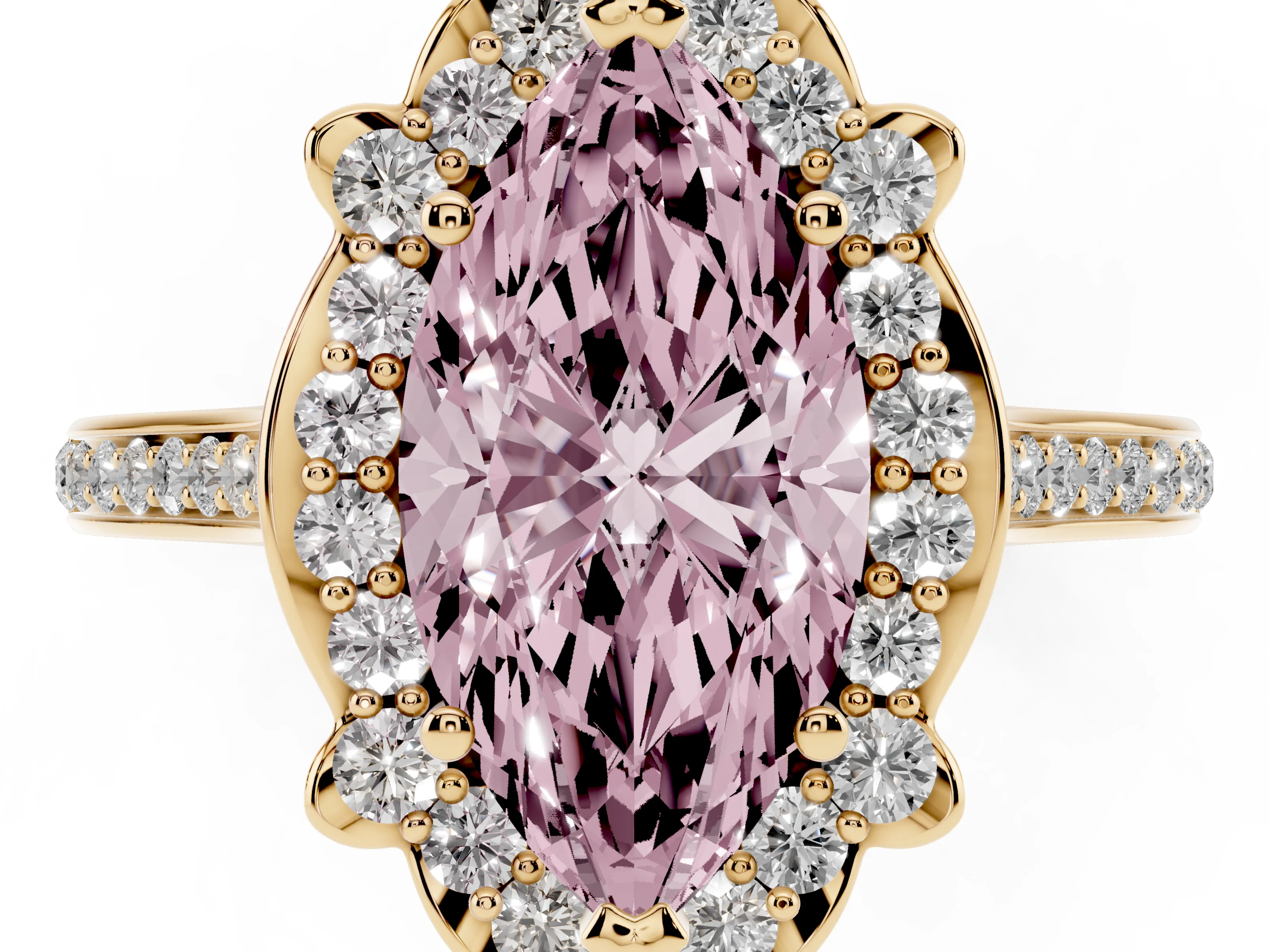 Fancy Pink Marquise Cut Diamond Halo Ring Set in Yellow gold with Pavé-Lined Shoulders and Prong Setting