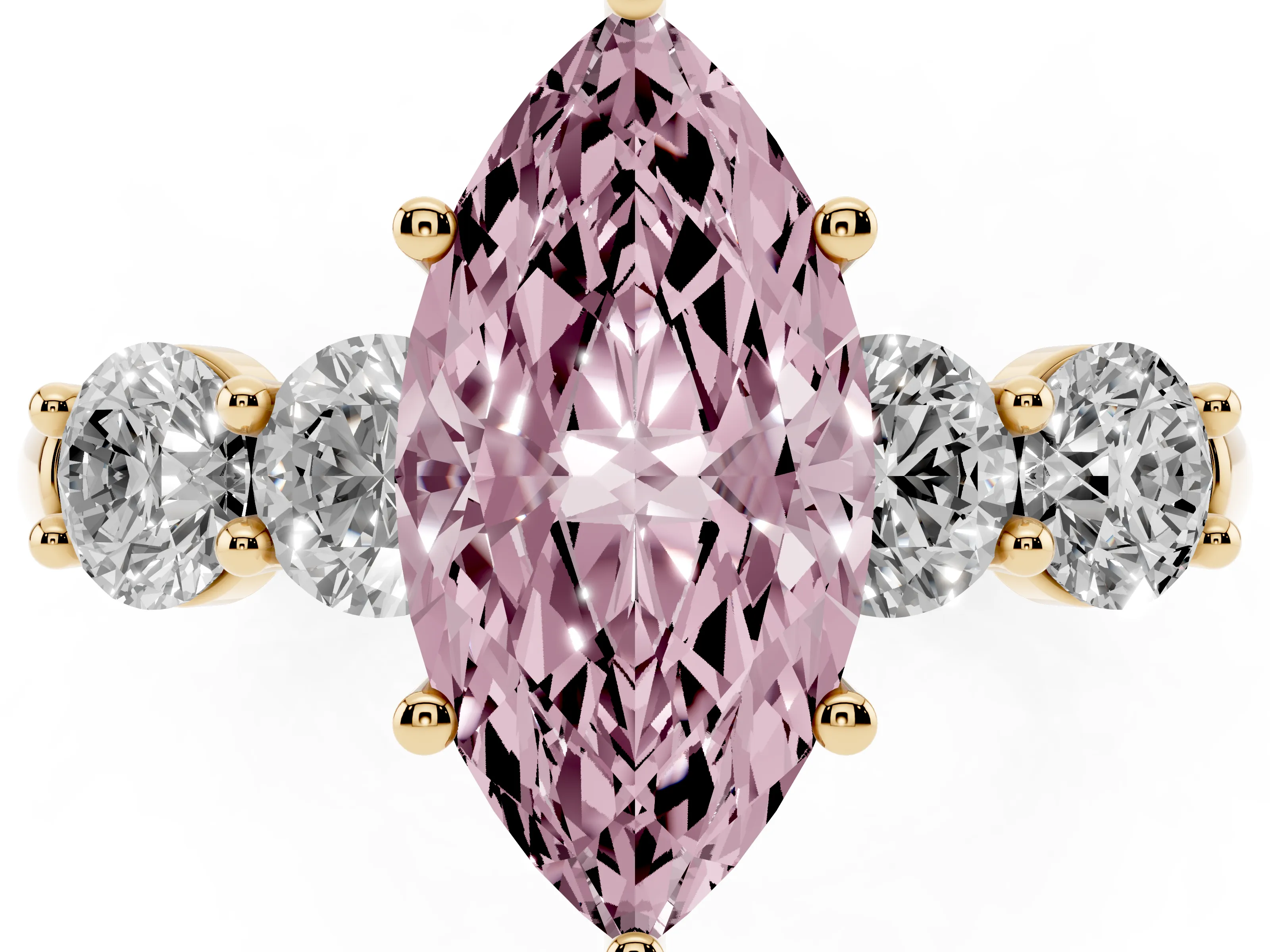 Fancy Pink Marquise Cut Diamond Five-Stone Prong Set Ring Set in Yellow gold with Classic Band