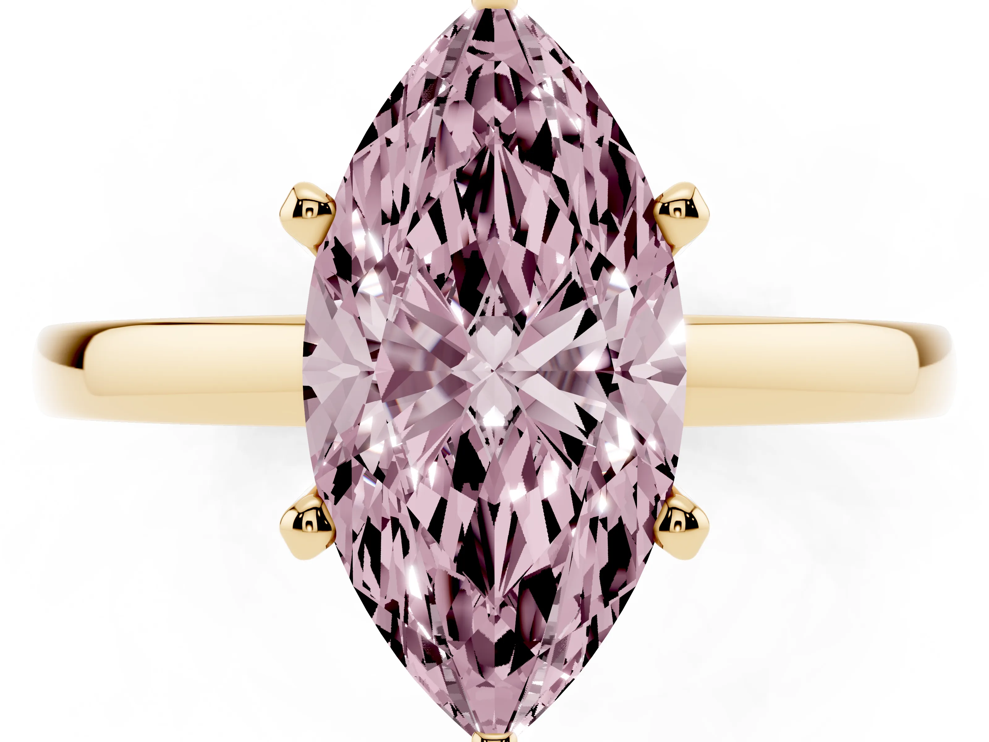 Fancy Pink Marquise Cut Diamond Solitaire Engagement Ring Set in Yellow gold with Prong Setting on a Classic Band