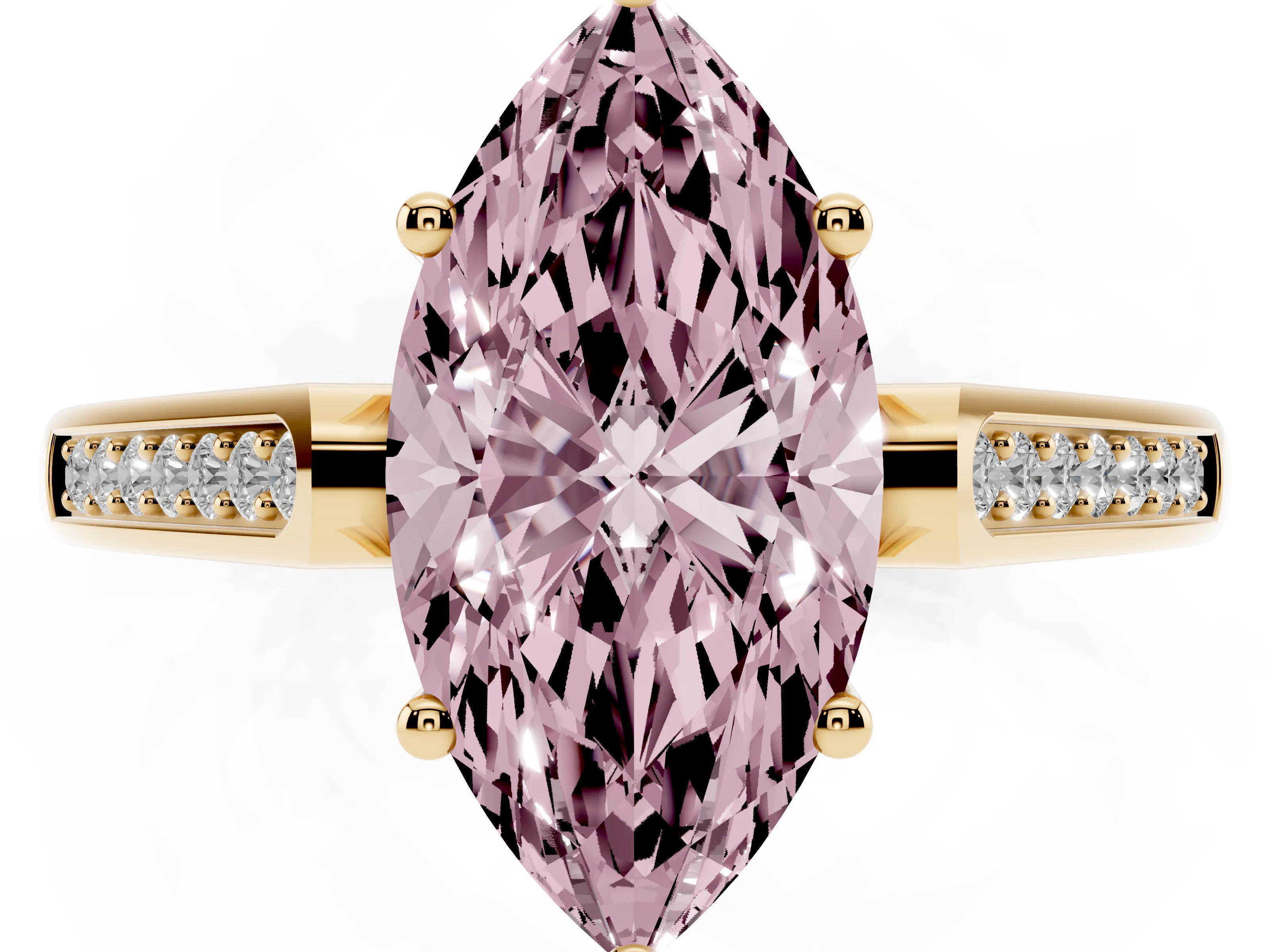 Fancy Pink Marquise Cut Diamond Solitaire Cathedral Engagement Ring Set in Yellow gold with Channel-Set Band and Prong Setting