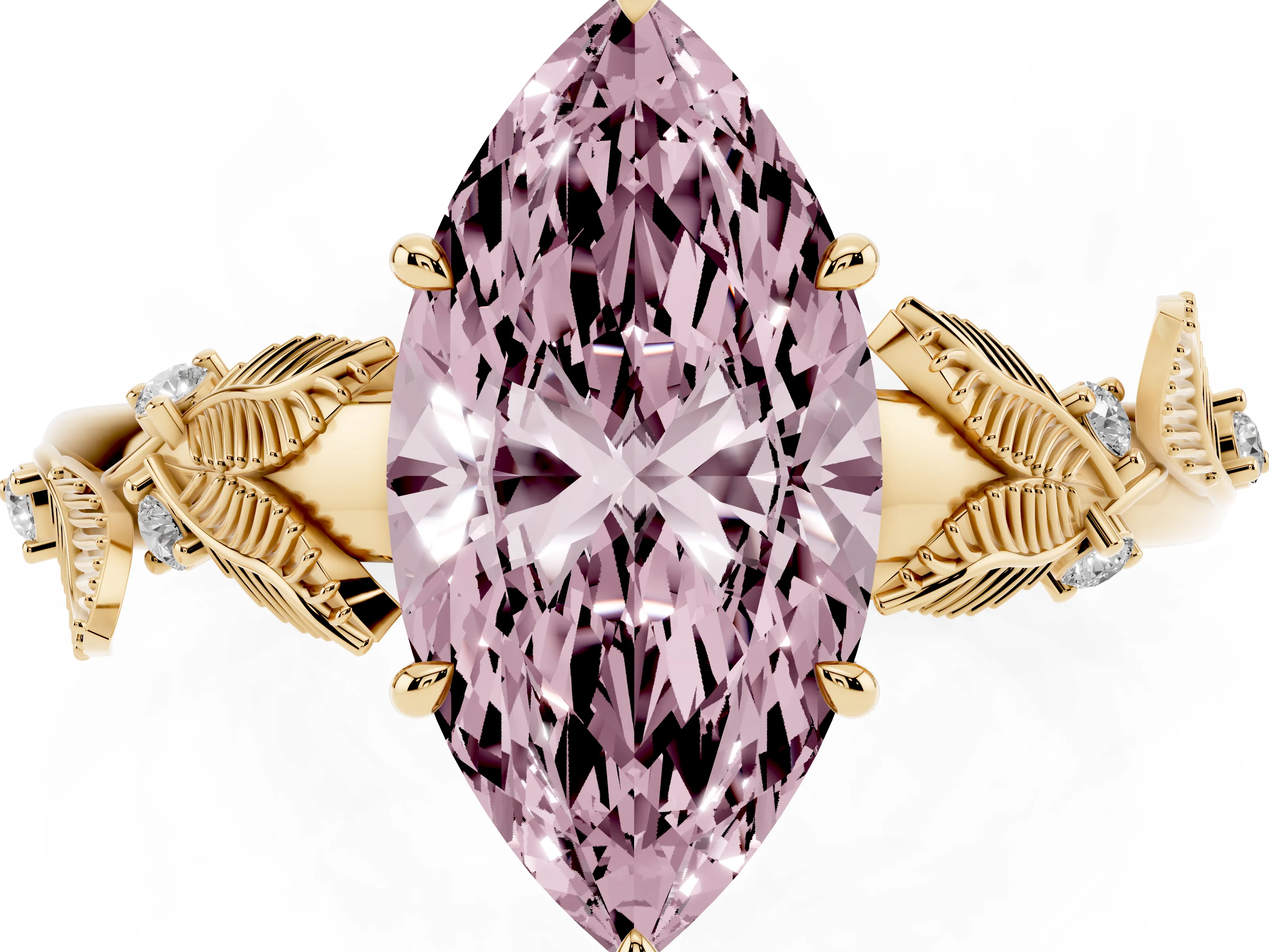 Fancy Pink Marquise Cut Diamond Solitaire Ring Set in Yellow gold with Leaf Motif Band