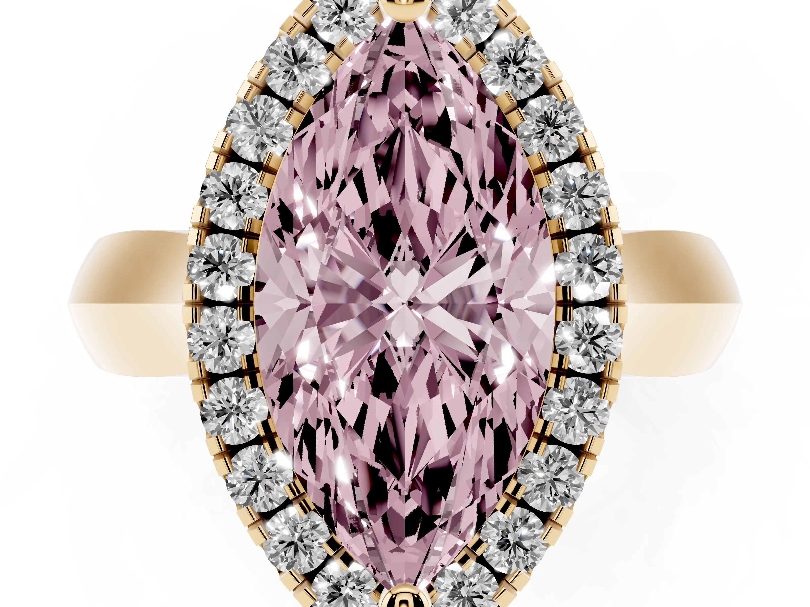 Fancy Pink Marquise Cut Diamond Halo Solitaire Engagement Ring Set in Yellow gold with Square Band and Prong Setting