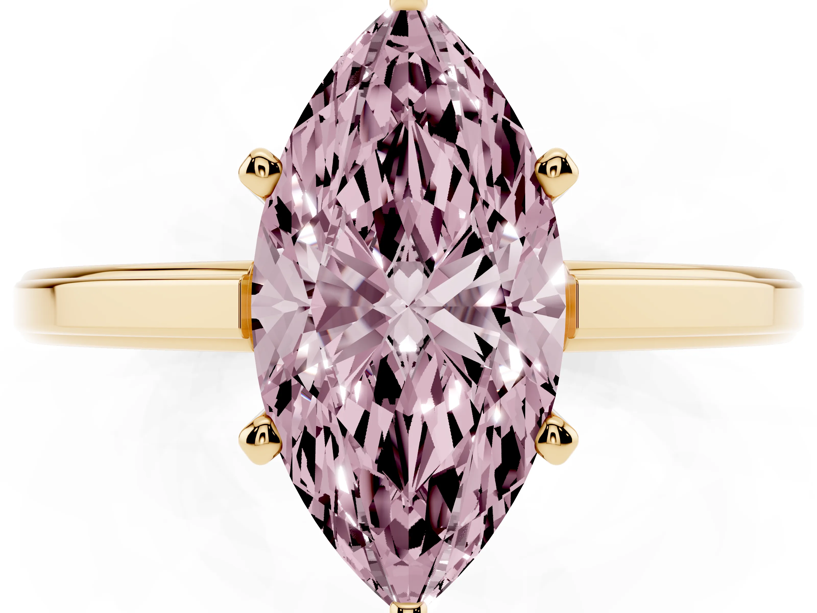 Fancy Pink Marquise Cut Diamond Solitaire Ring Set in Yellow gold with Prong Setting and Classic Band