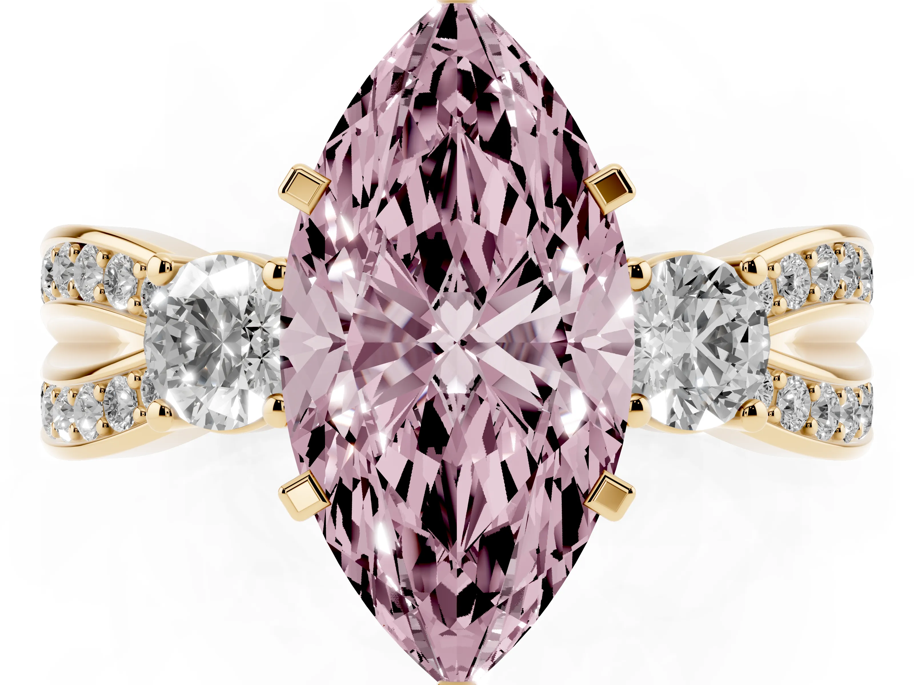 Fancy Pink Three-Stone Marquise Cut Diamond Twist Band Ring Set in Yellow gold with Pavé Accents and Prong Setting