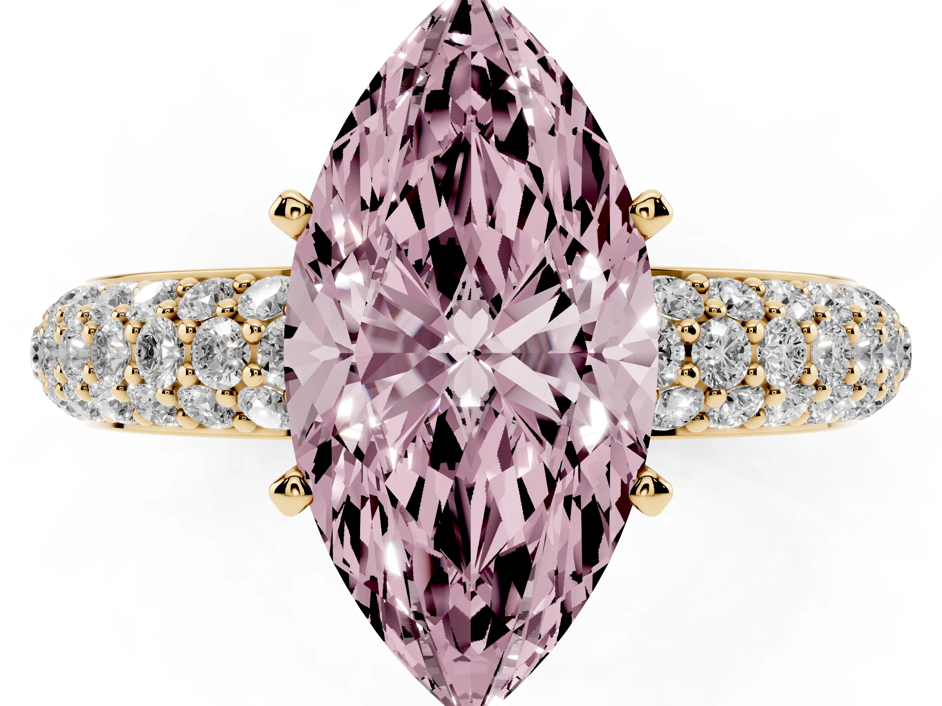 Fancy Pink Marquise Cut Diamond Solitaire Ring Set in Yellow gold with Prong Setting and Pavé-Set Band