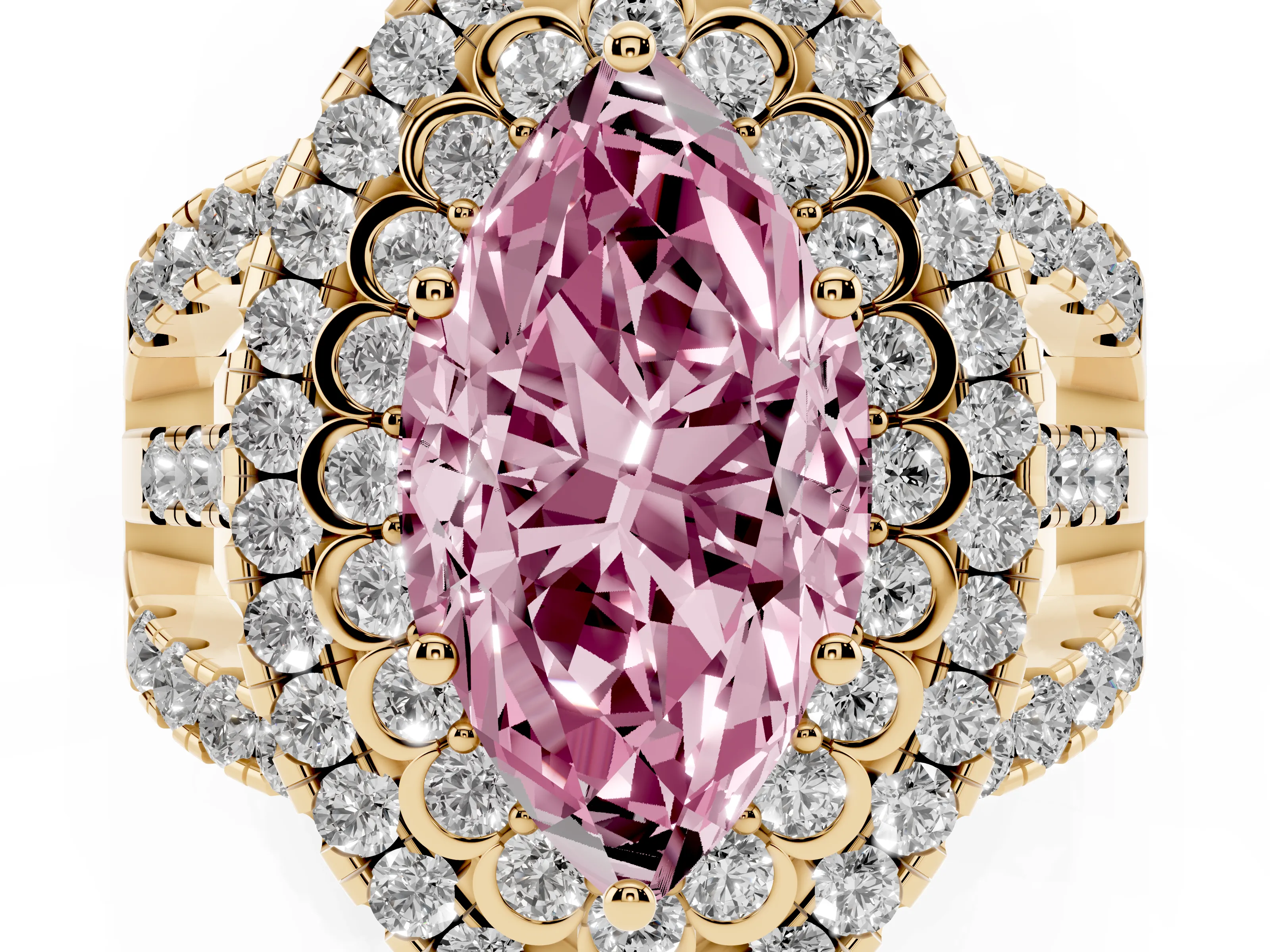 Fancy Pink Marquise Cut Diamond Double Halo Ring Set in Yellow gold with Round Pavé Split Shank