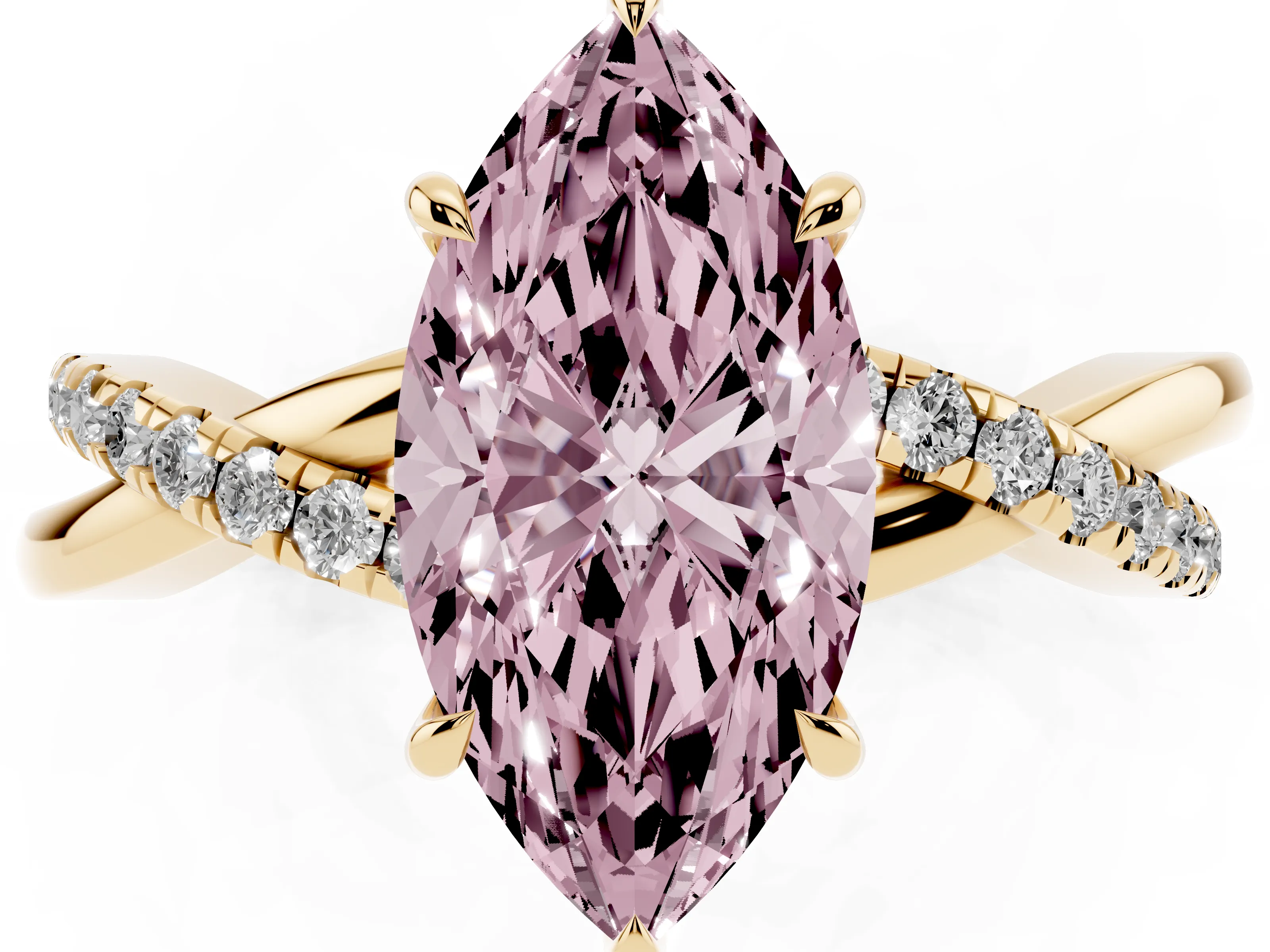 Fancy Pink Marquise Cut Diamond Twisted Pavé Band Ring Set in Yellow gold with Prong Setting