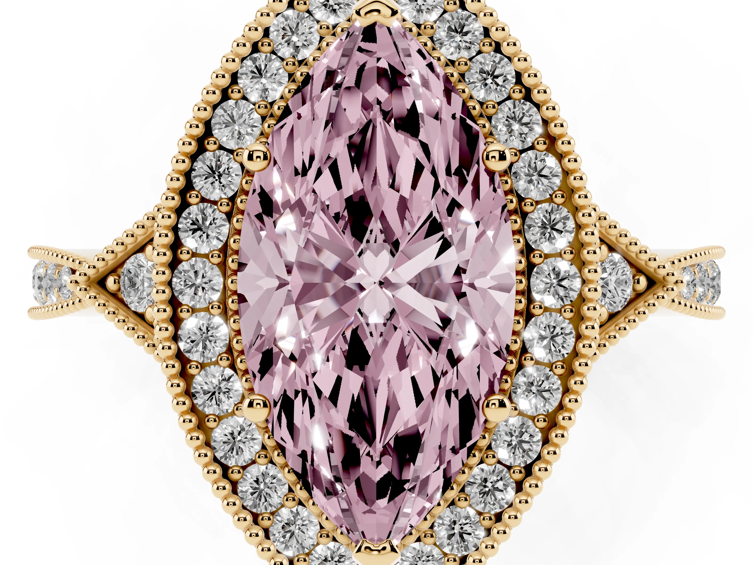 Fancy Pink Marquise Cut Diamond Halo Engagement Ring Set in Yellow gold with Milgrain Pavé Band