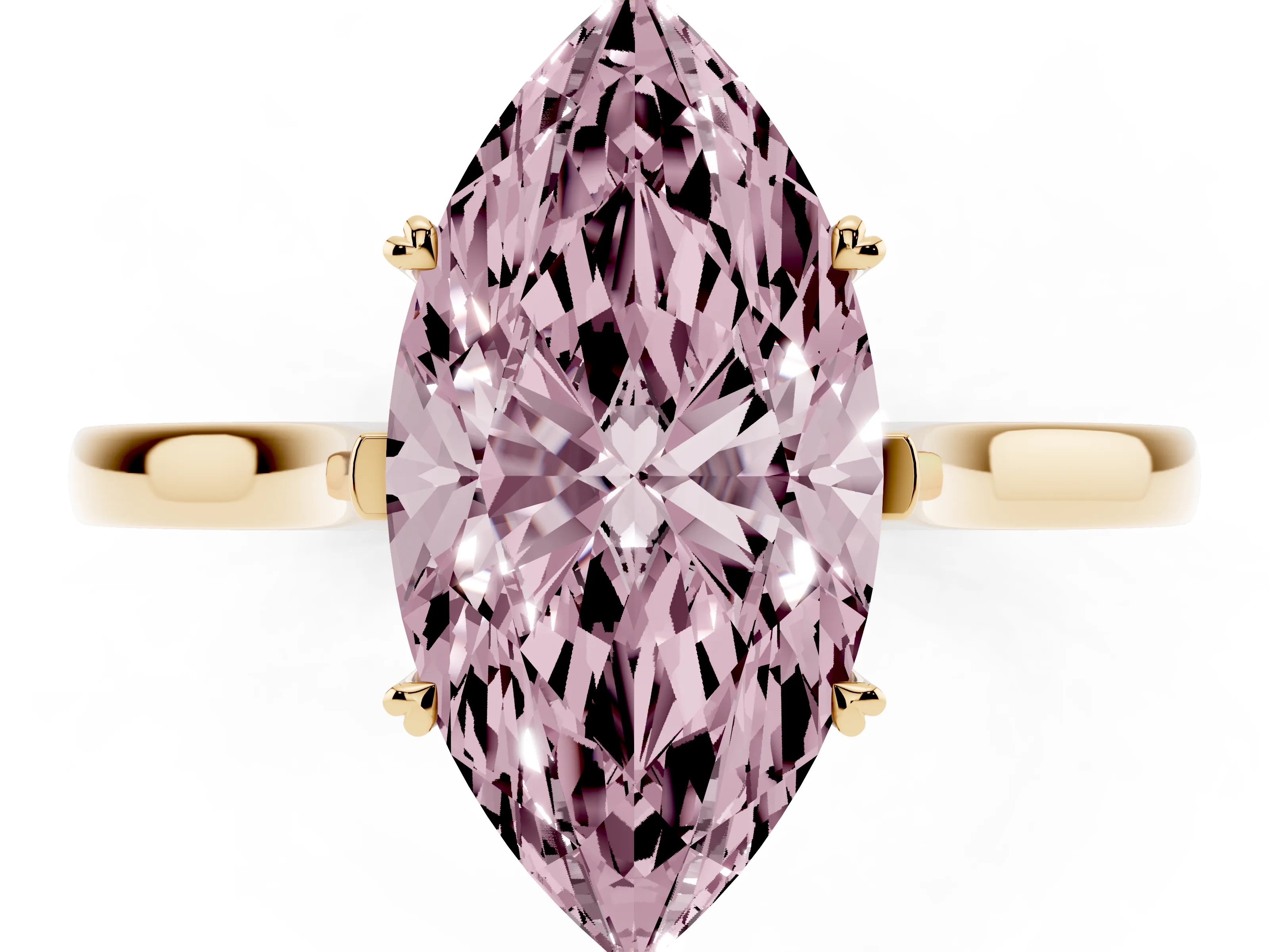 Fancy Pink Marquise Cut Diamond Solitaire Heart Prong Engagement Ring Set in Yellow gold with Tapered Band