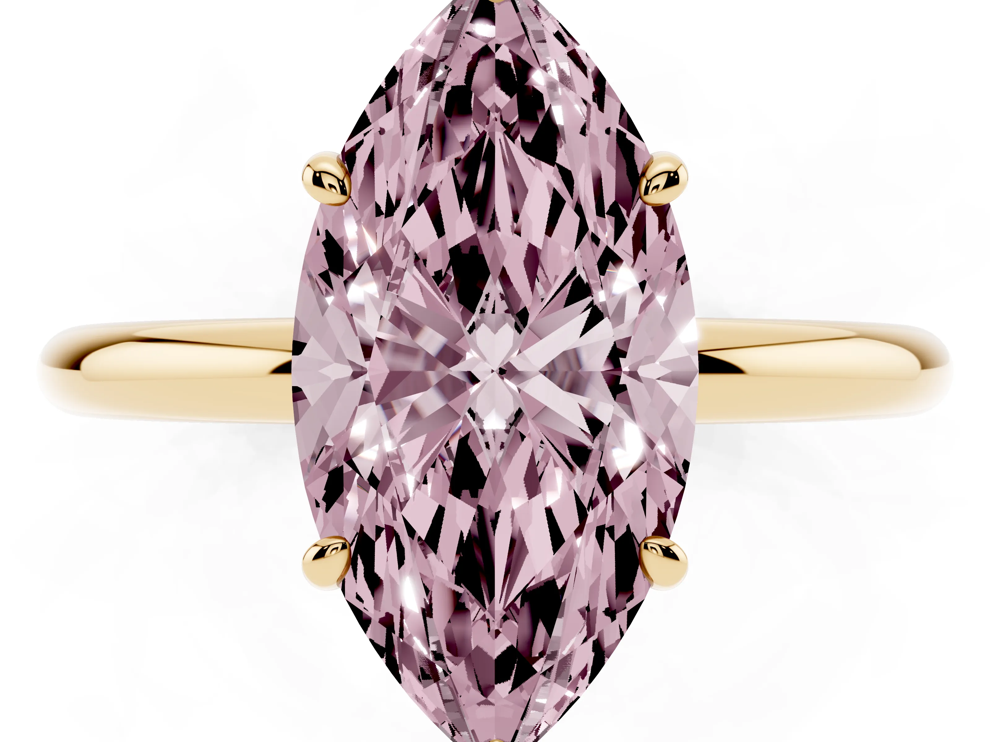 Fancy Pink Marquise Cut Diamond Solitaire Ring Set in Yellow gold with Prong Setting on a Polished Plain Band