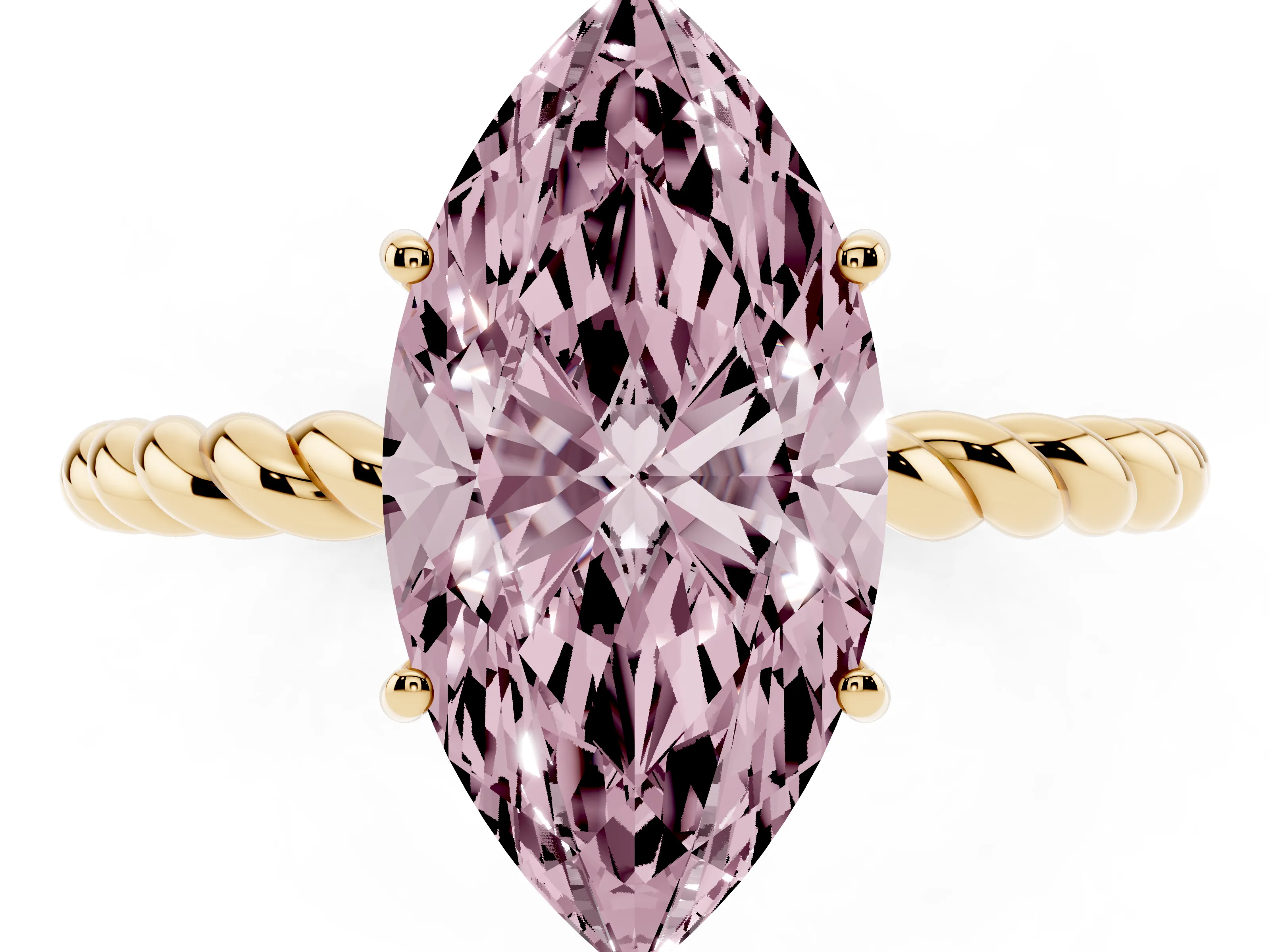 Fancy Pink Marquise Cut Diamond Solitaire Ring Set in Yellow gold with Twist Band and Prong Setting