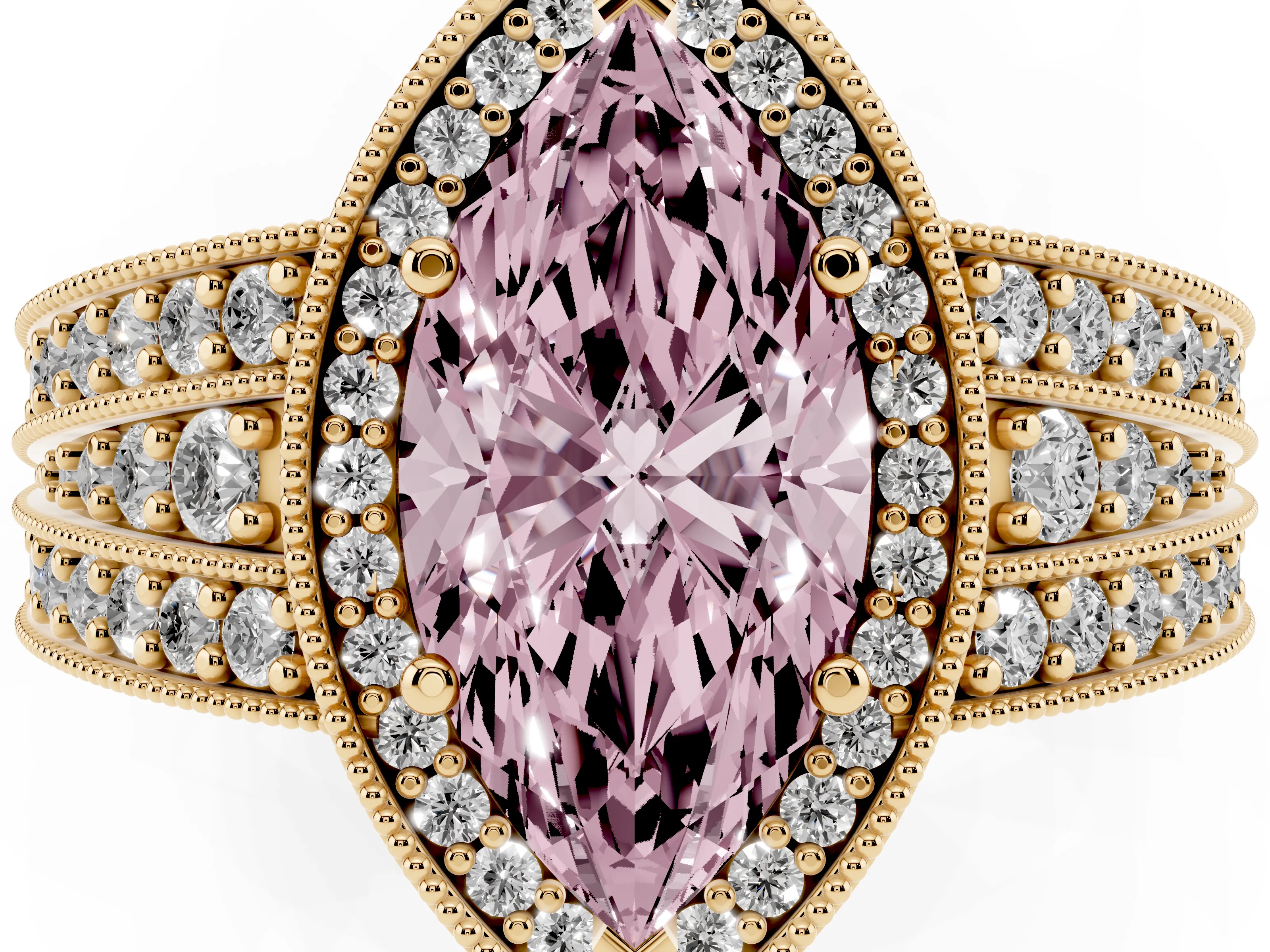 Fancy Pink Marquise Cut Diamond Halo Ring Set in Yellow gold with Accent Split Shank and Prong Setting
