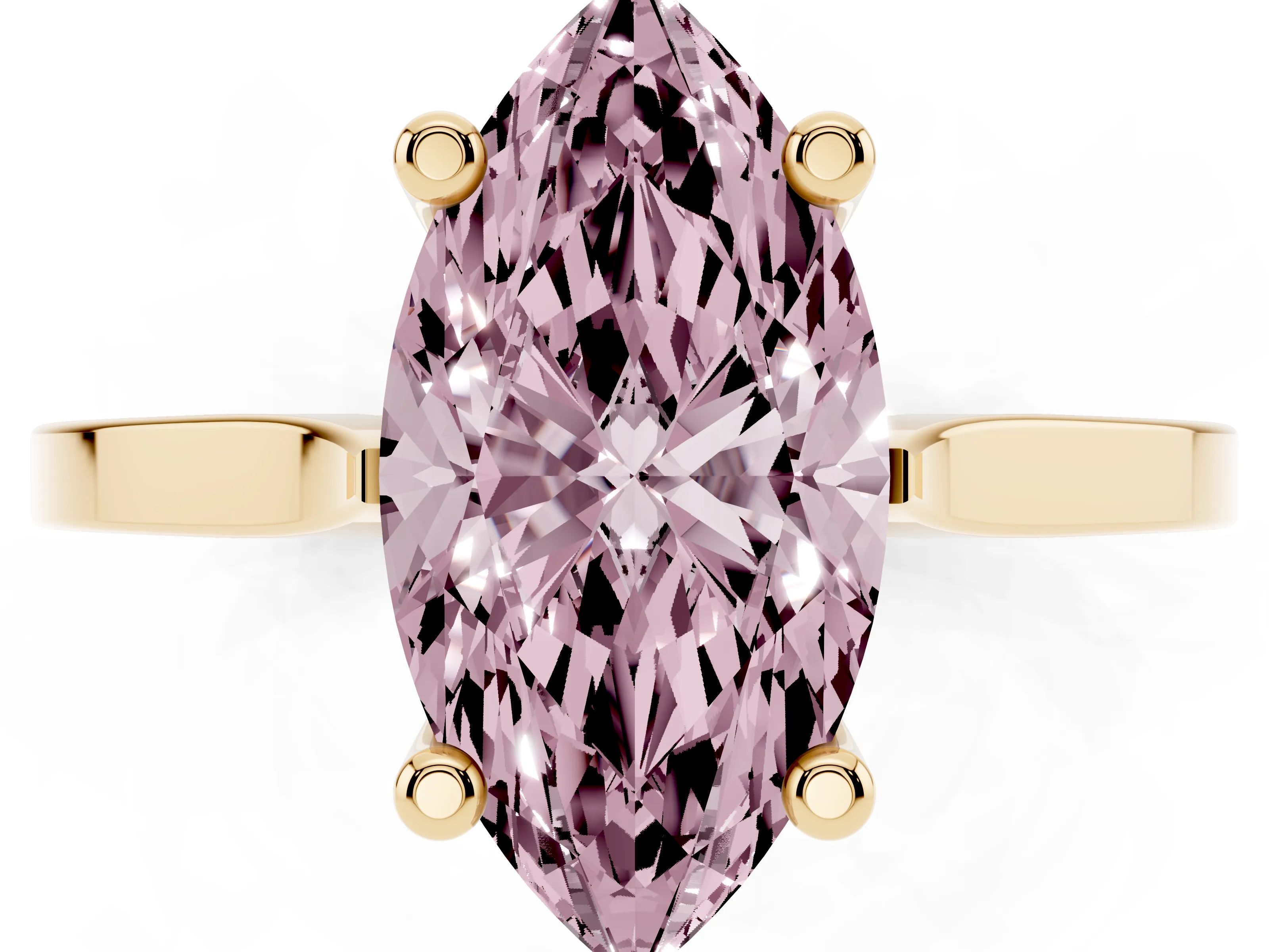 Fancy Pink Marquise Cut Diamond Solitaire Ring Set in Yellow gold with Prong Setting and Tapered Band