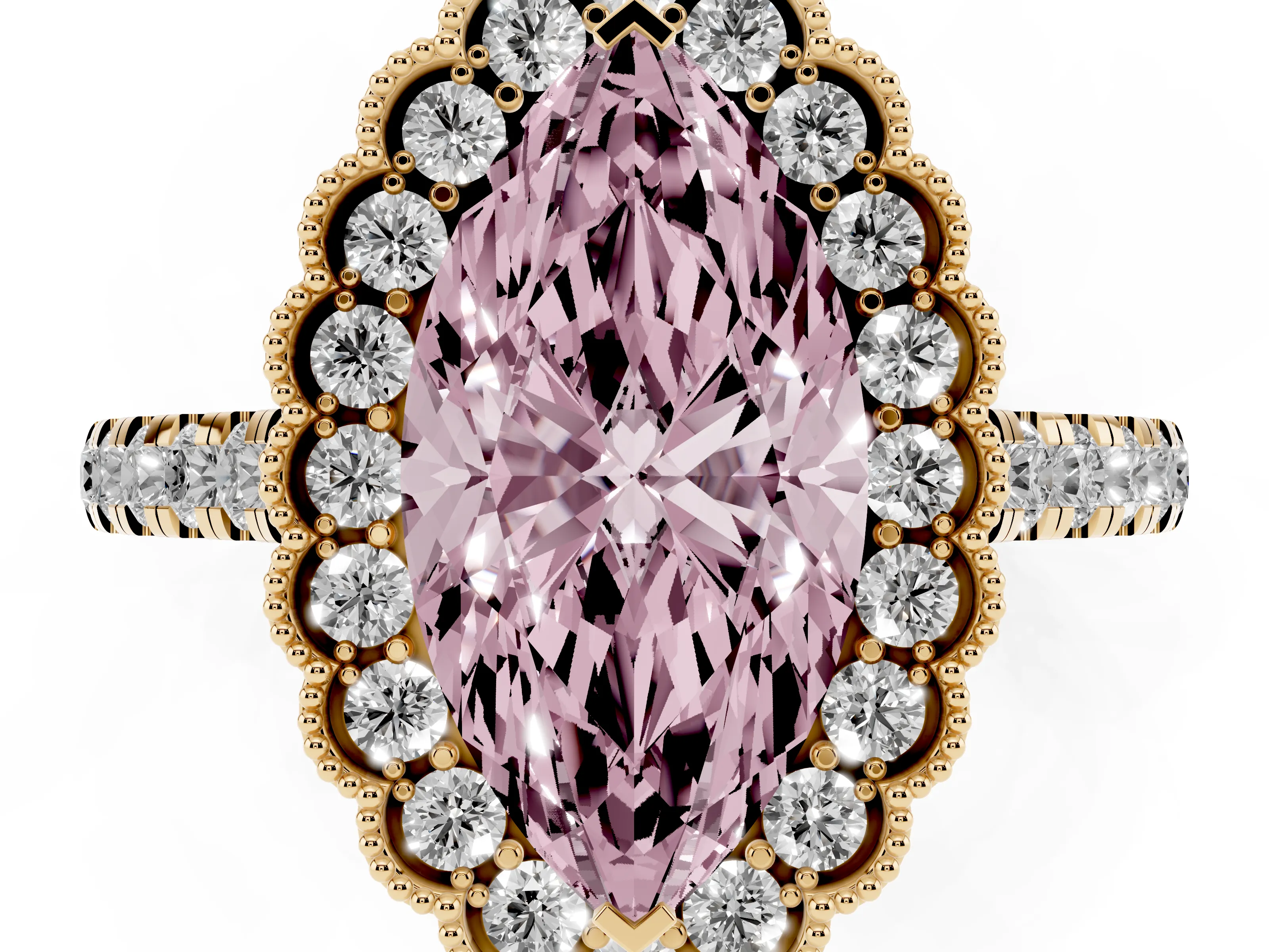 Fancy Pink Marquise Cut Diamond Milgrain Floral Halo Engagement Ring Set in Yellow gold with Pavé Band