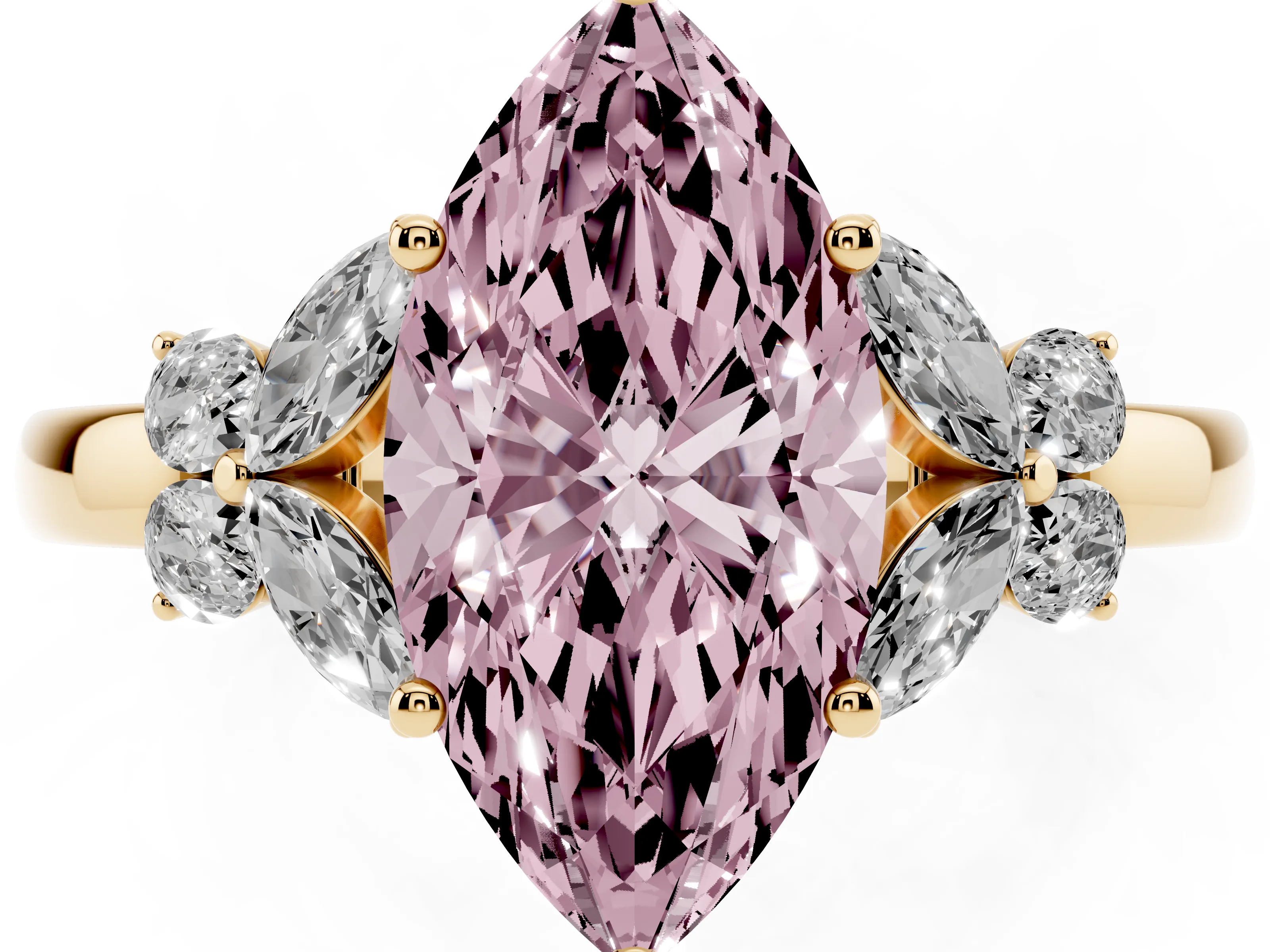 Fancy Pink Marquise Cut Diamond Solitaire Floral Ring Set in Yellow gold with Marquise Petals and Prong Setting