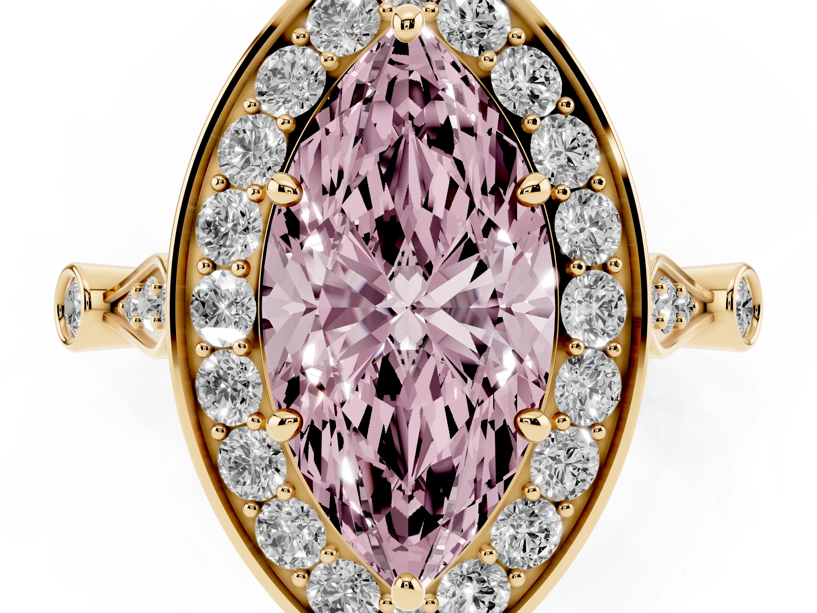 Fancy Pink Marquise Cut Diamond Halo Engagement Ring Set in Yellow gold with Twisted Band and Prong Setting