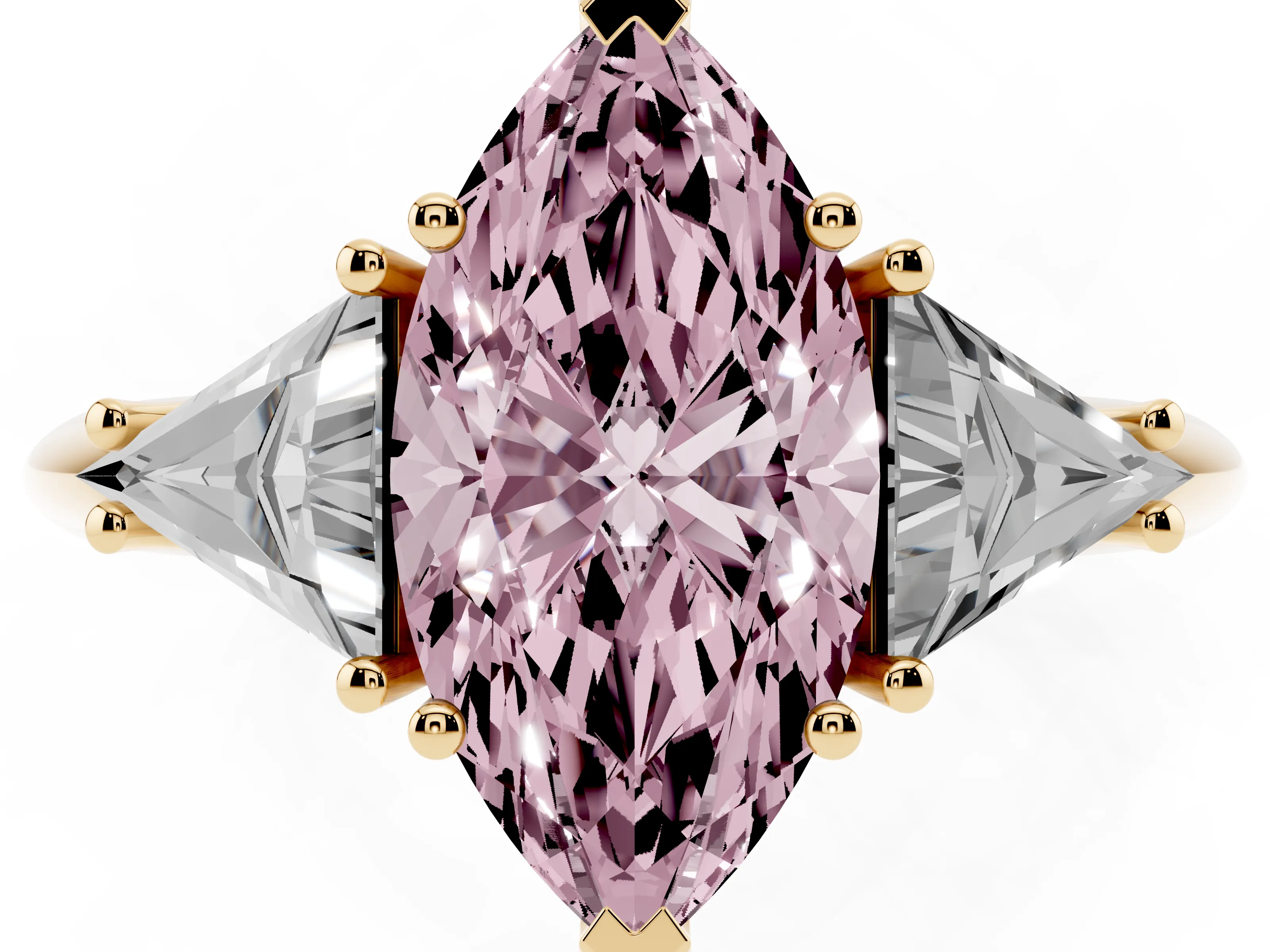 Fancy Pink Marquise Cut Diamond Three-Stone Engagement Ring Set in Yellow gold with Trillion Side Stones