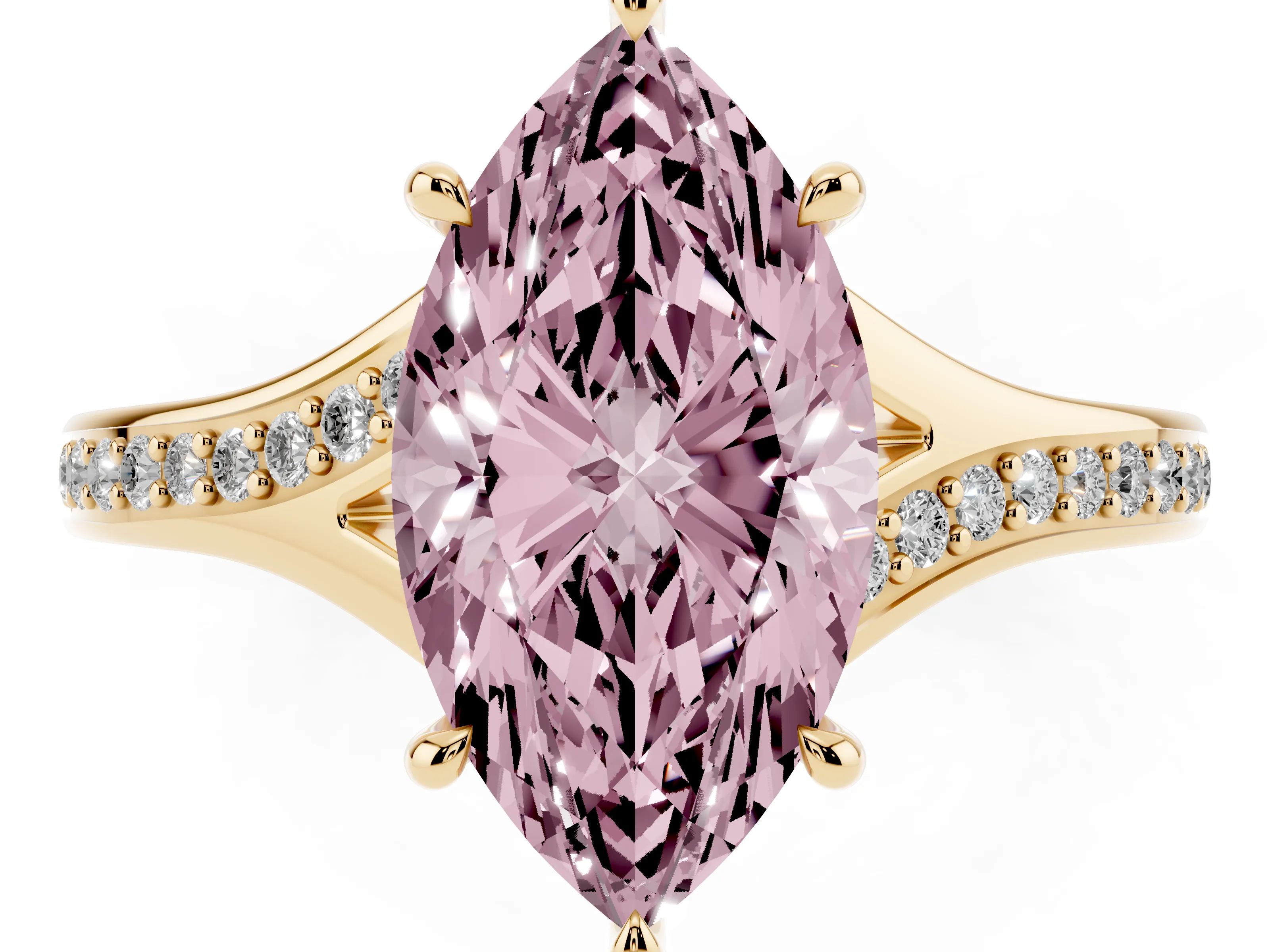 Fancy Pink Marquise Cut Diamond Solitaire Ring Set in Yellow gold with Pavé Accent Band and Classic Prong Setting