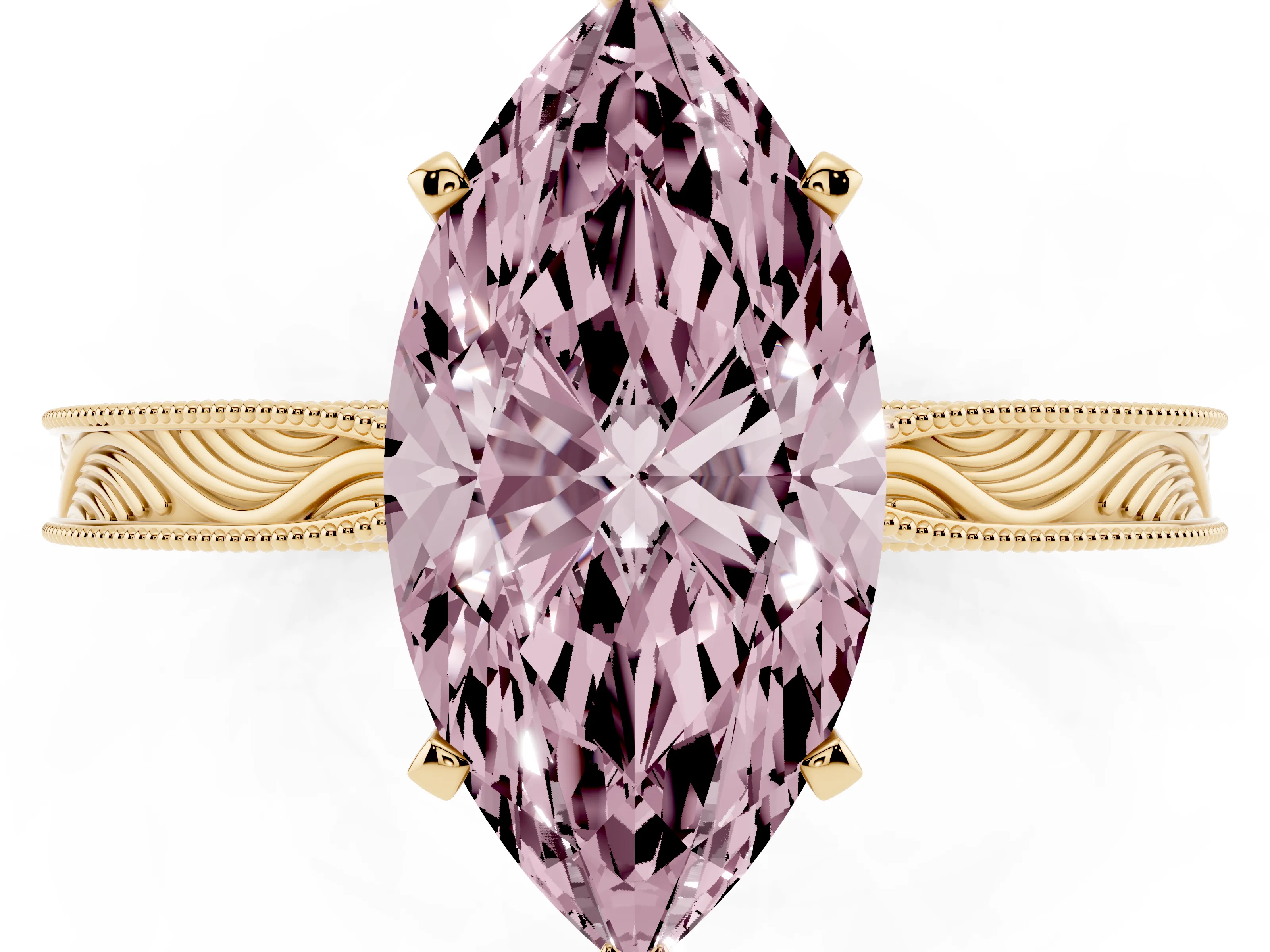 Fancy Pink Marquise Cut Diamond Solitaire Milgrain Engraved Band Set in Yellow gold with Prong Setting