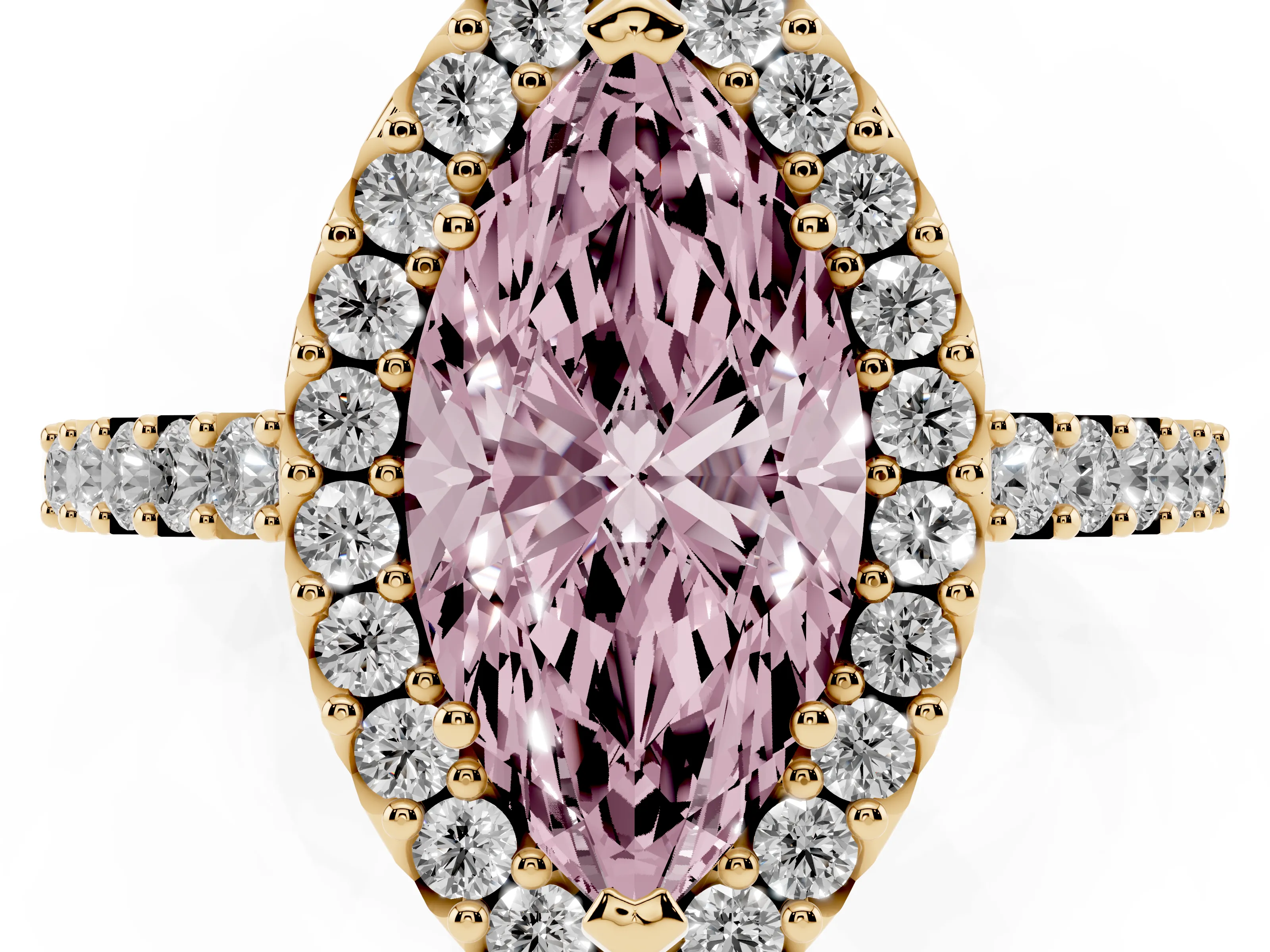 Fancy Pink Marquise Cut Diamond Halo Pavé Solitaire Ring Set in Yellow gold with Prong-Set Center Stone