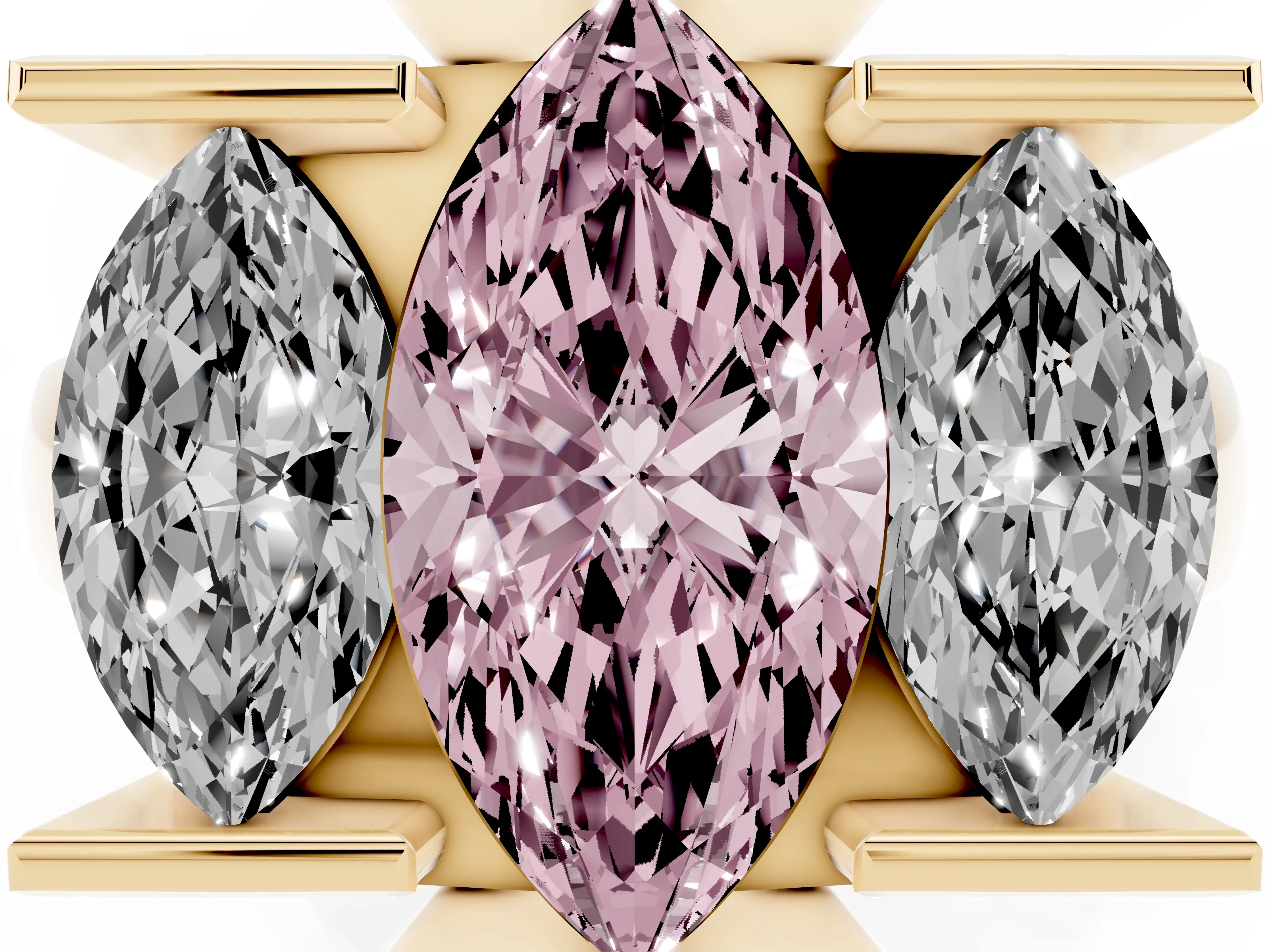 Fancy Pink Marquise Cut Diamond Three-Stone Channel Set Ring Set in Yellow gold with Smooth Polished Band