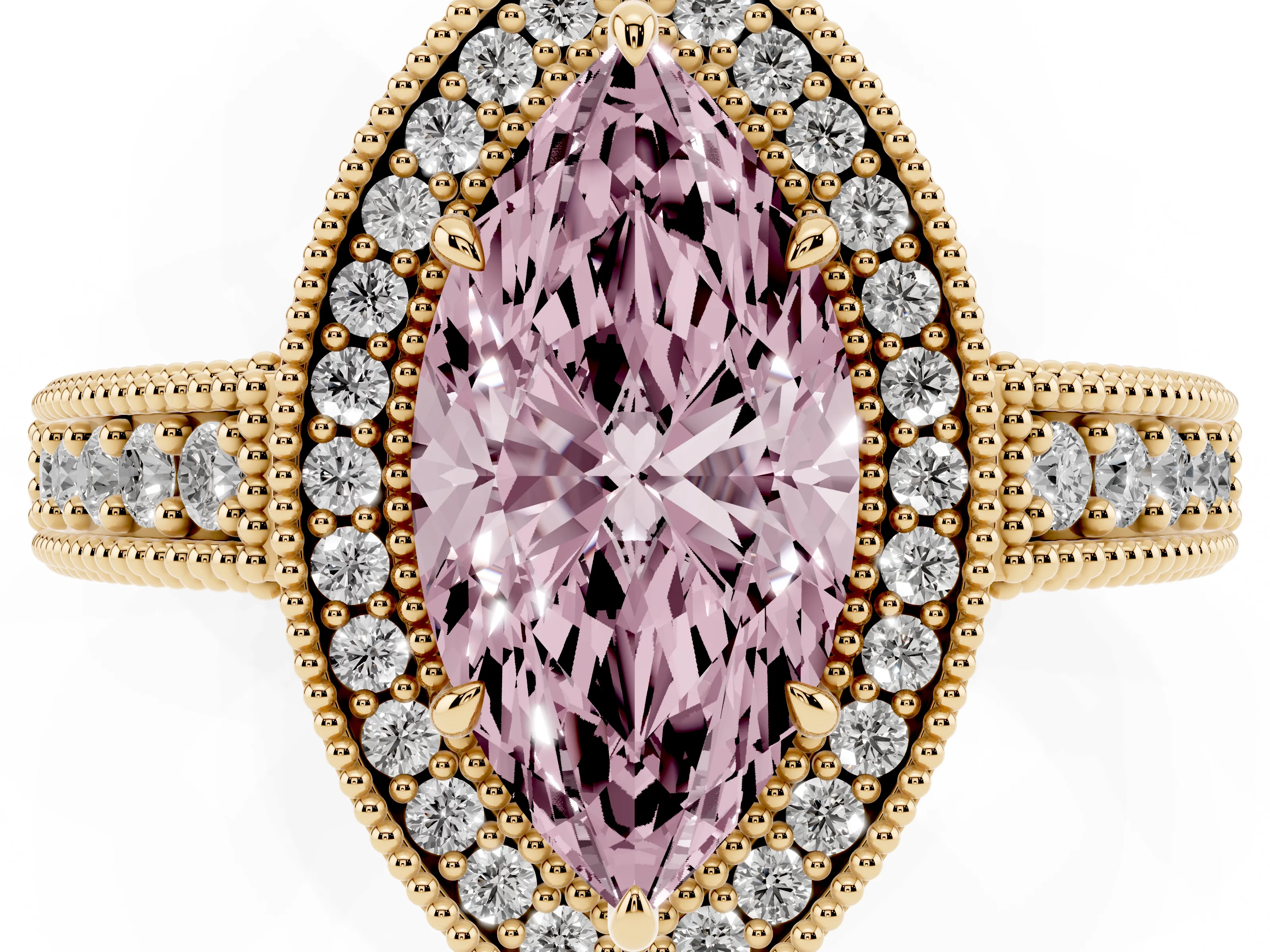 Fancy Pink Marquise Cut Diamond Halo Ring Set in Yellow gold with Round Accent Halo, Pavé Band and Prong Setting