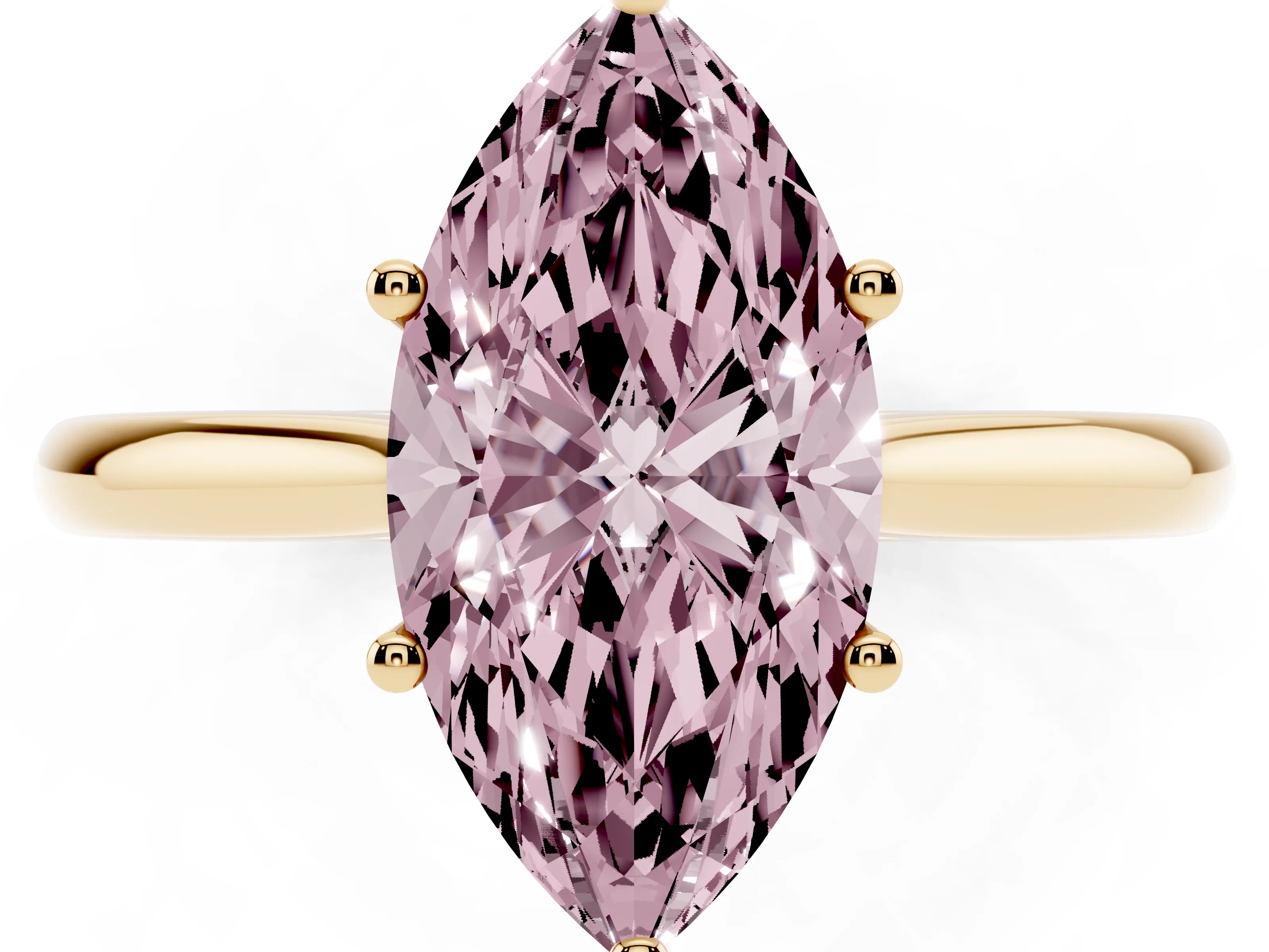 Fancy Pink Marquise Cut Diamond Solitaire Ring Set in Yellow gold with Cathedral Band and Prong Setting