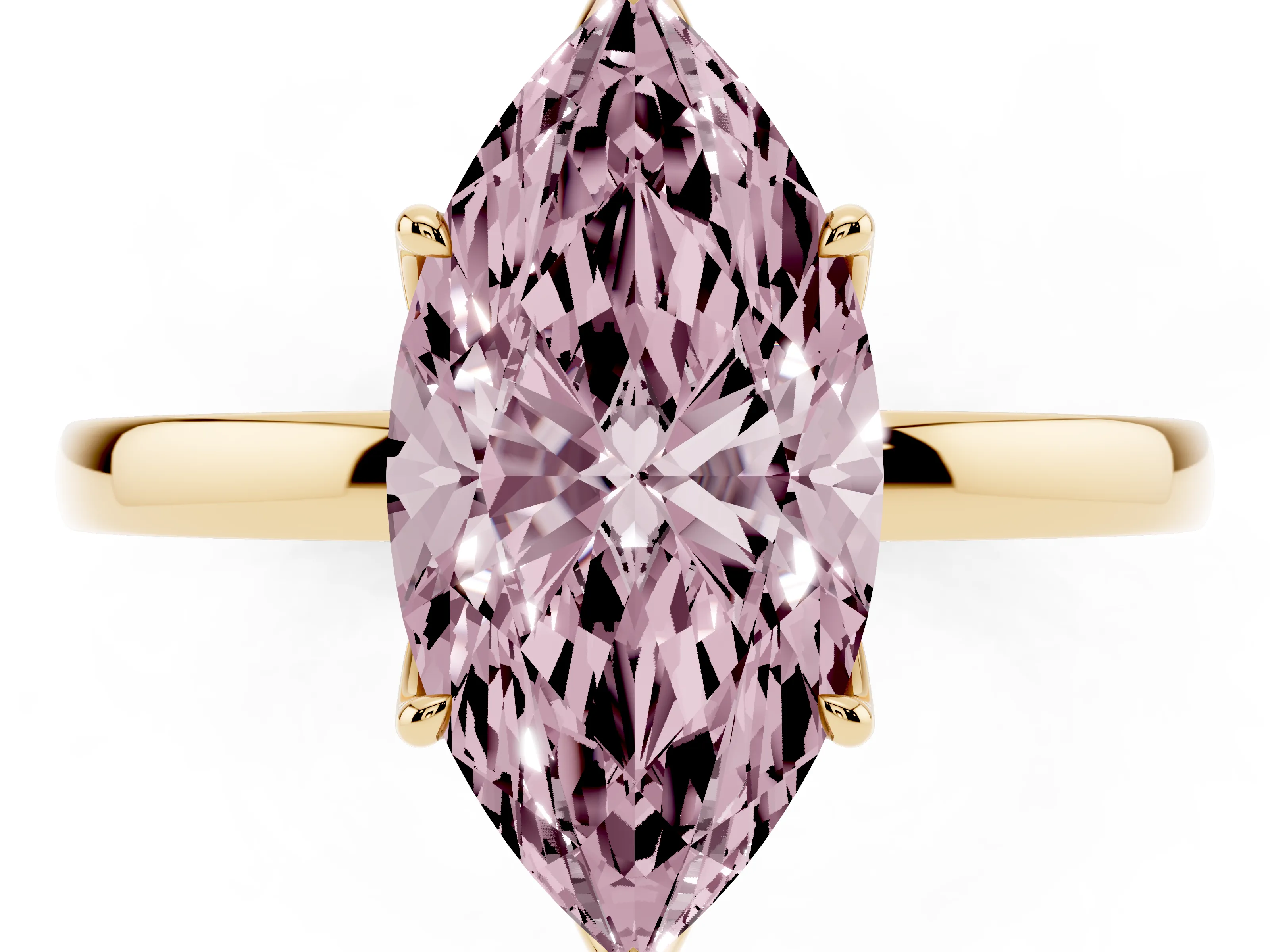 Fancy Pink Marquise Cut Diamond Solitaire Ring Set in Yellow gold with Prong Setting and Thin Polished Band