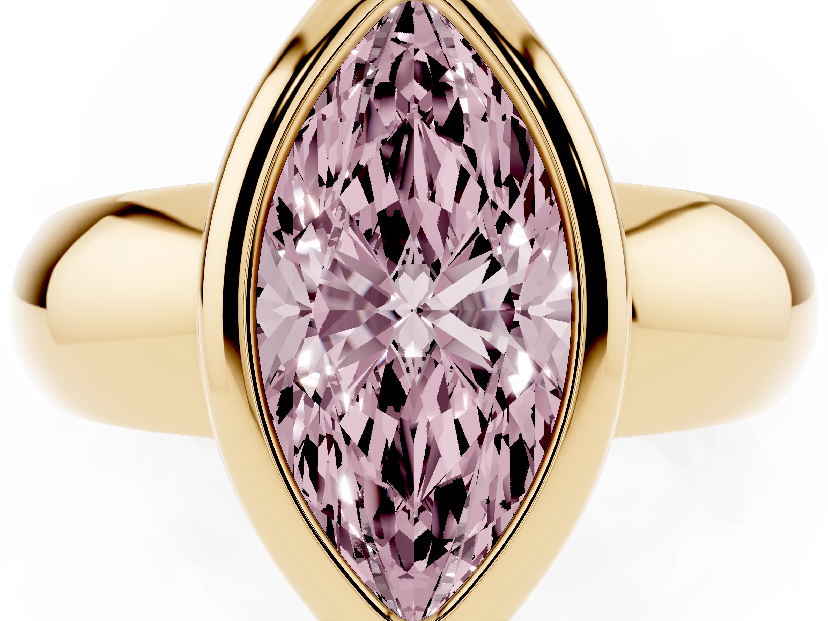 Fancy Pink Bezel Set Marquise Cut Diamond Solitaire Ring Set in Yellow gold with Wide Band
