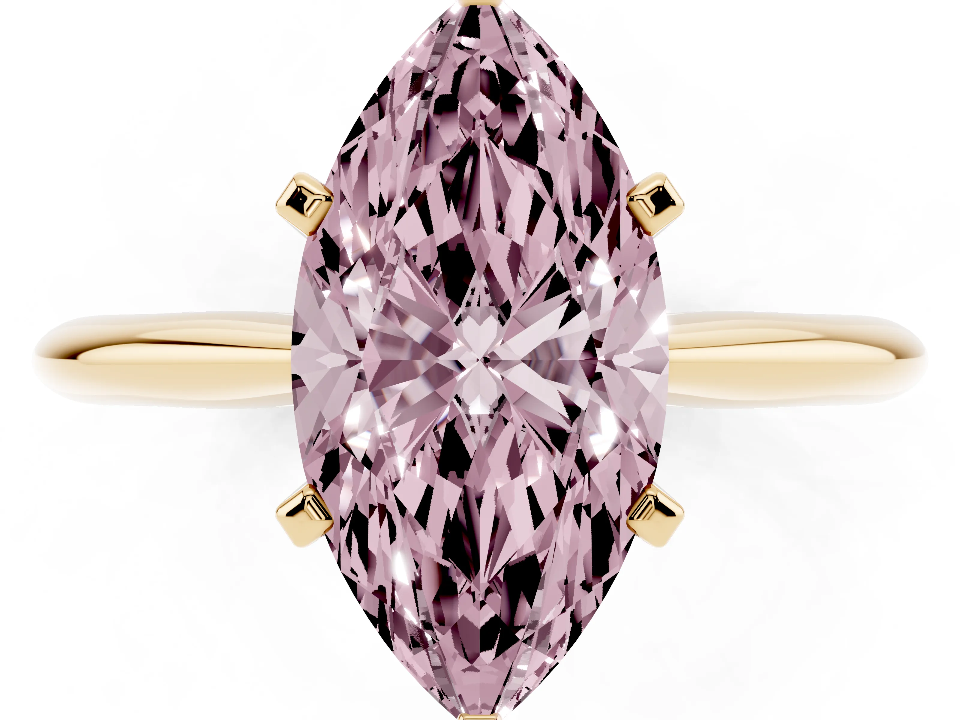 Fancy Pink Marquise Cut Diamond Solitaire Ring Set in Yellow gold with Prong Setting on a Plain Round Band