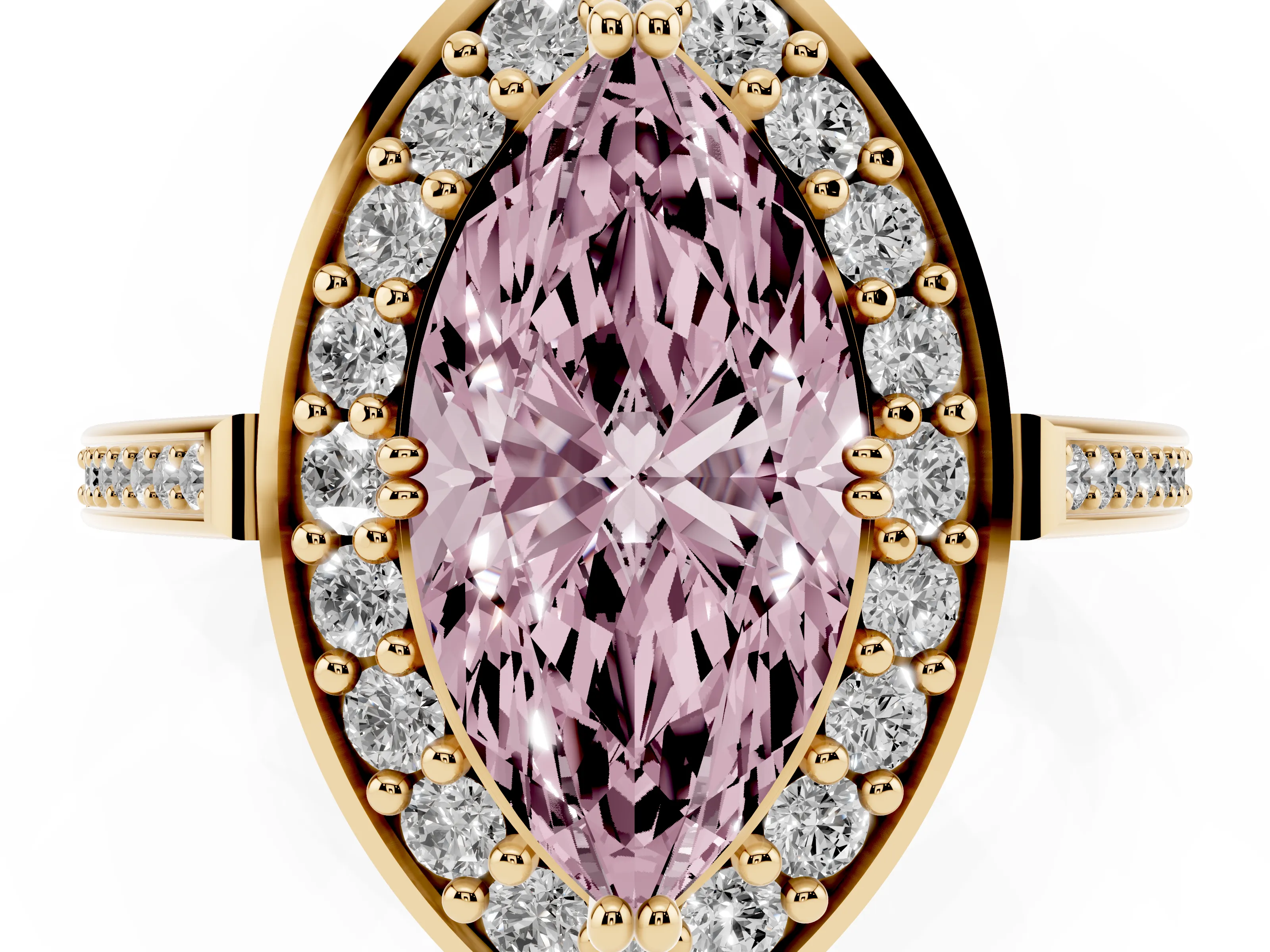 Fancy Pink Marquise Cut Diamond Halo Ring Set in Yellow gold with Accent-Lined Split Shank and Prong Setting