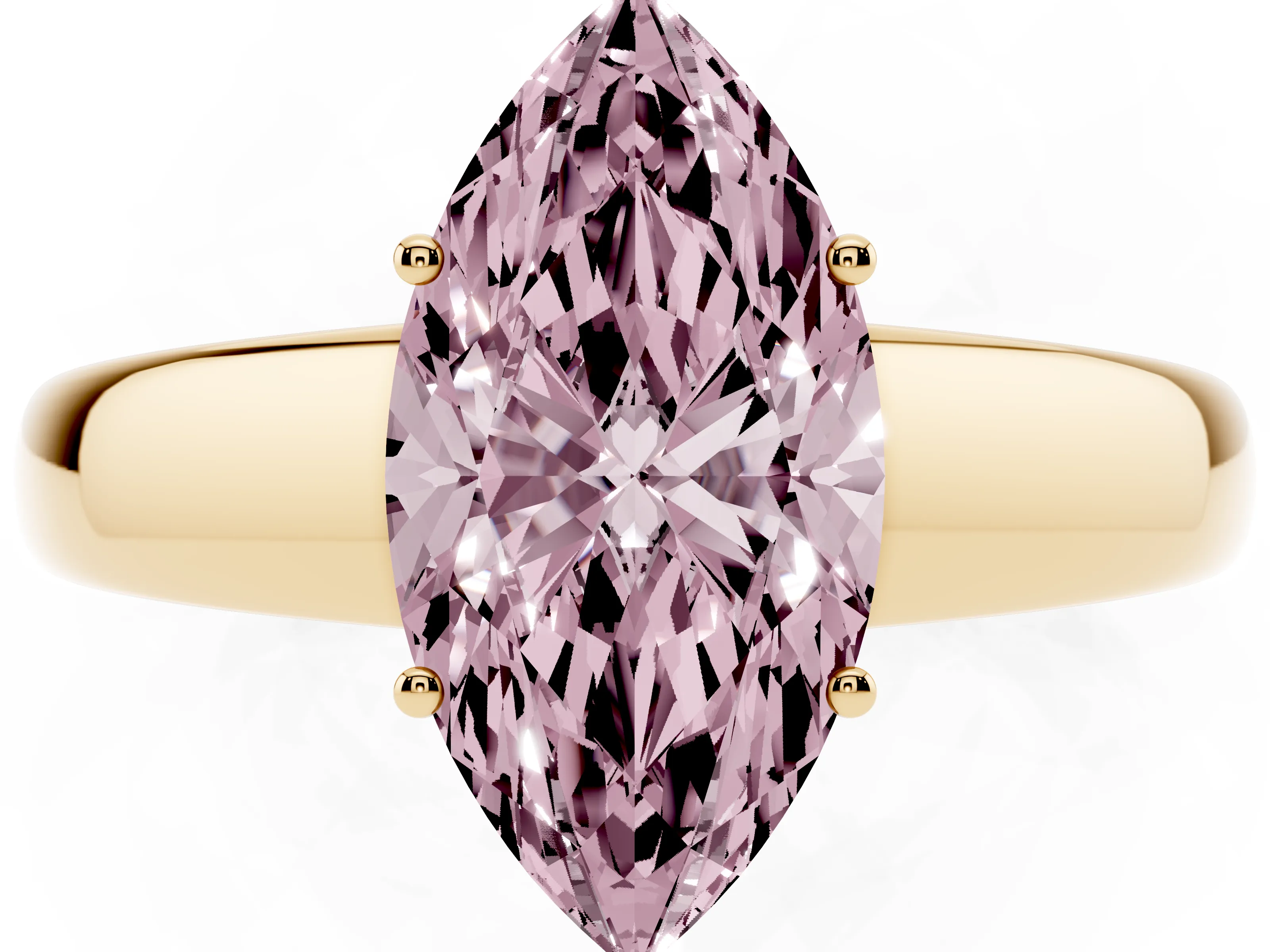 Fancy Pink Marquise Cut Diamond Solitaire Ring Set in Yellow gold with Tapered Band and Prong Setting