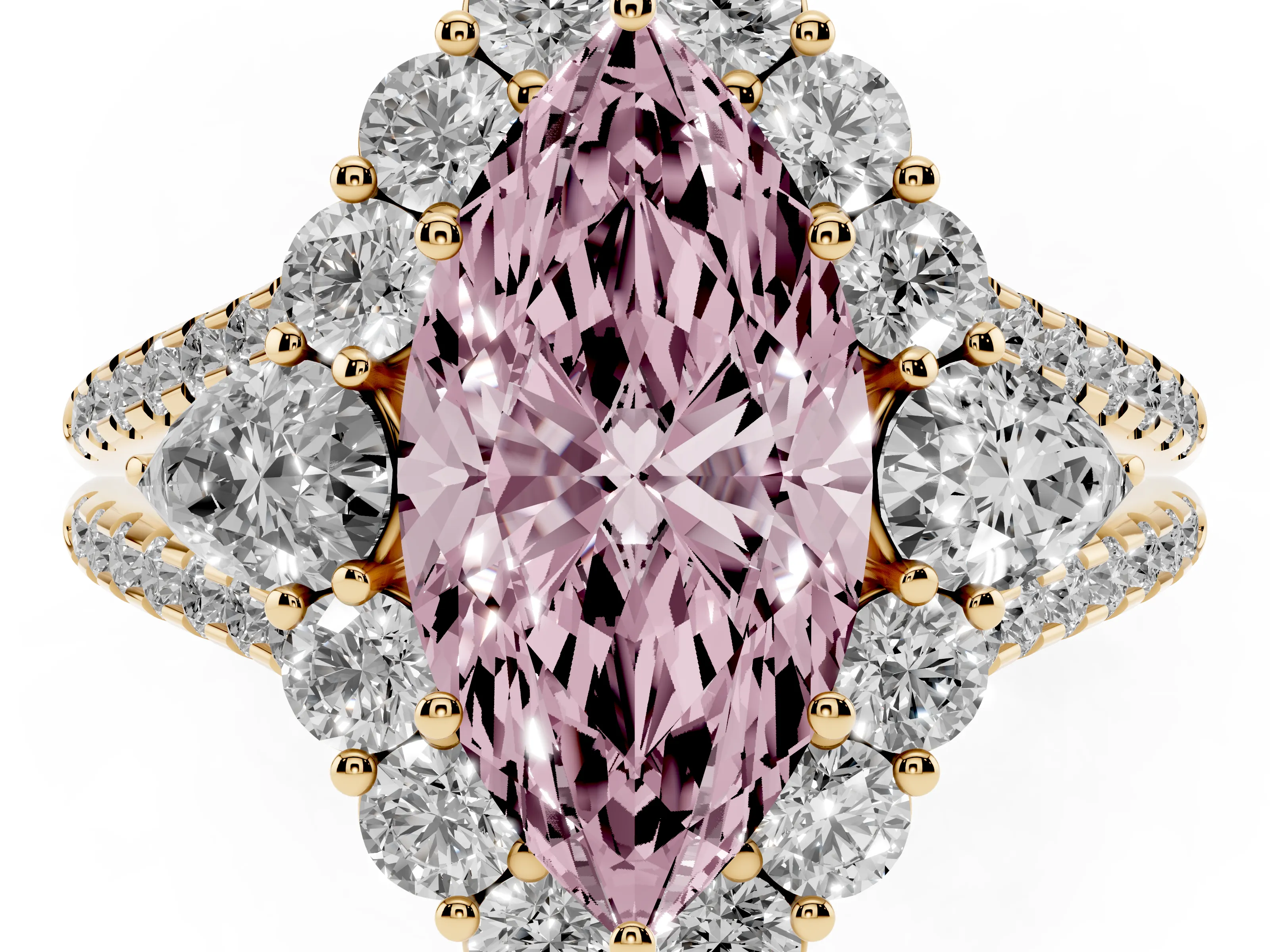 Fancy Pink Marquise Cut Diamond Halo Split Shank Engagement Ring Set in Yellow gold with Prong-Held Center Stone