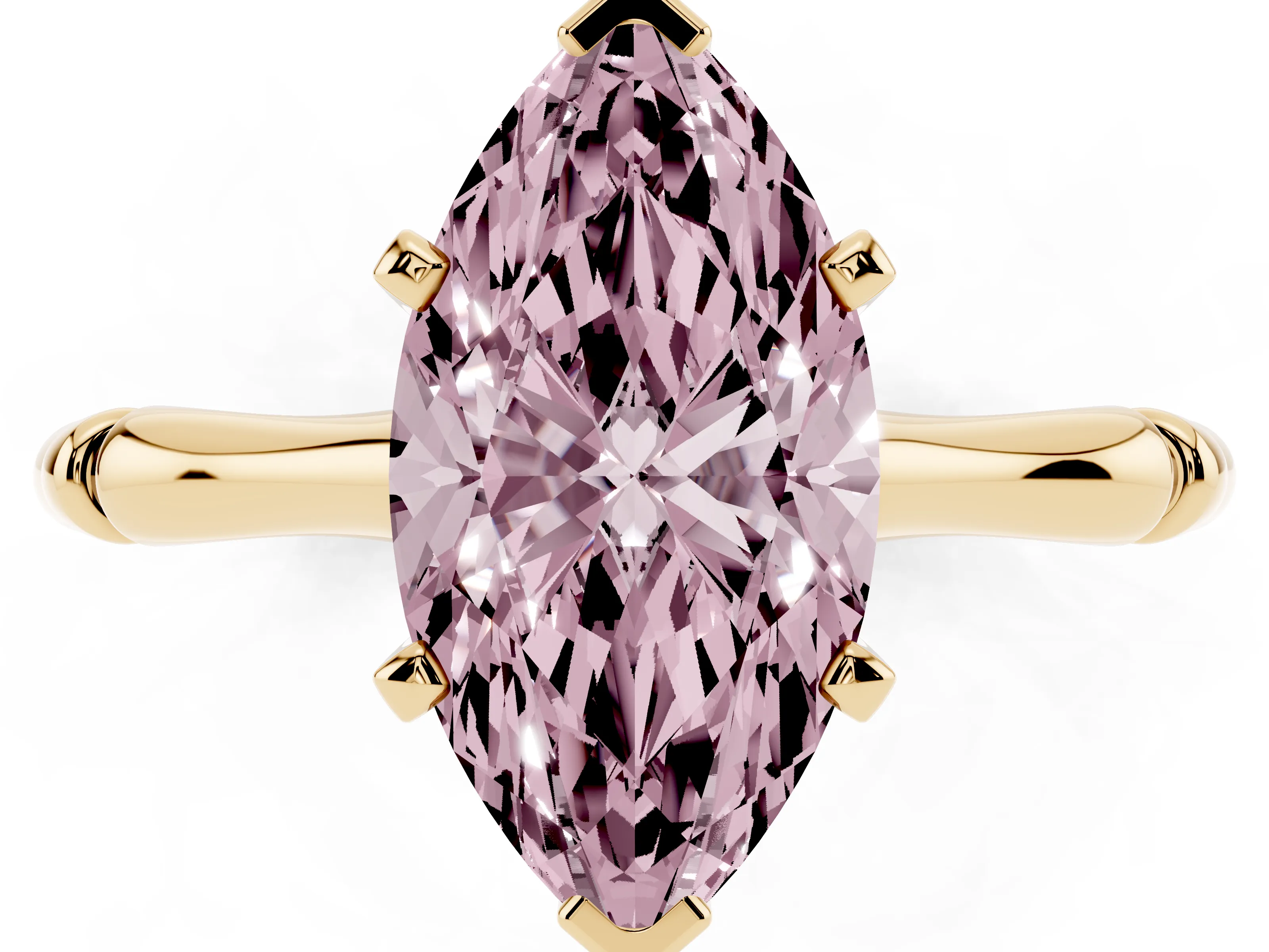 Fancy Pink Marquise Cut Diamond Solitaire Ring Set in Yellow gold with Bamboo Band and Prong Setting